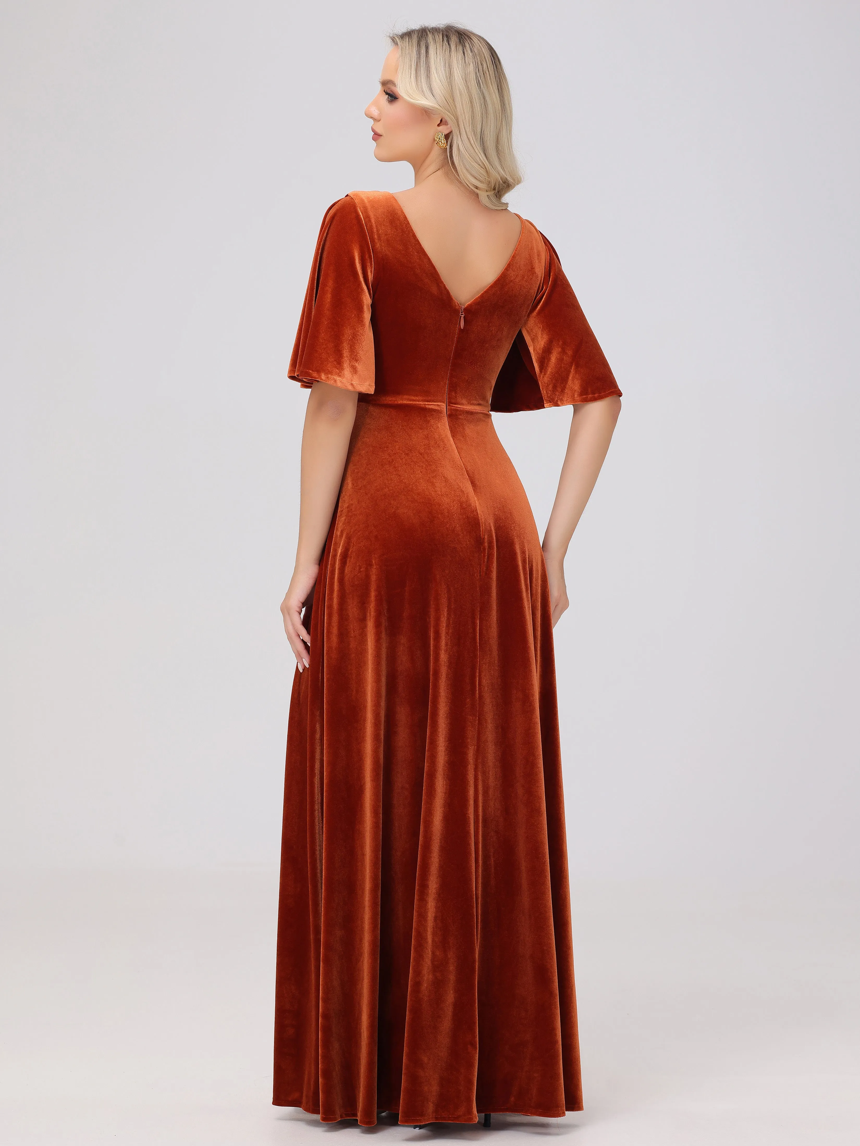 A-Line V-Neck Short Sleeves Velvet Bridesmaid Dresses