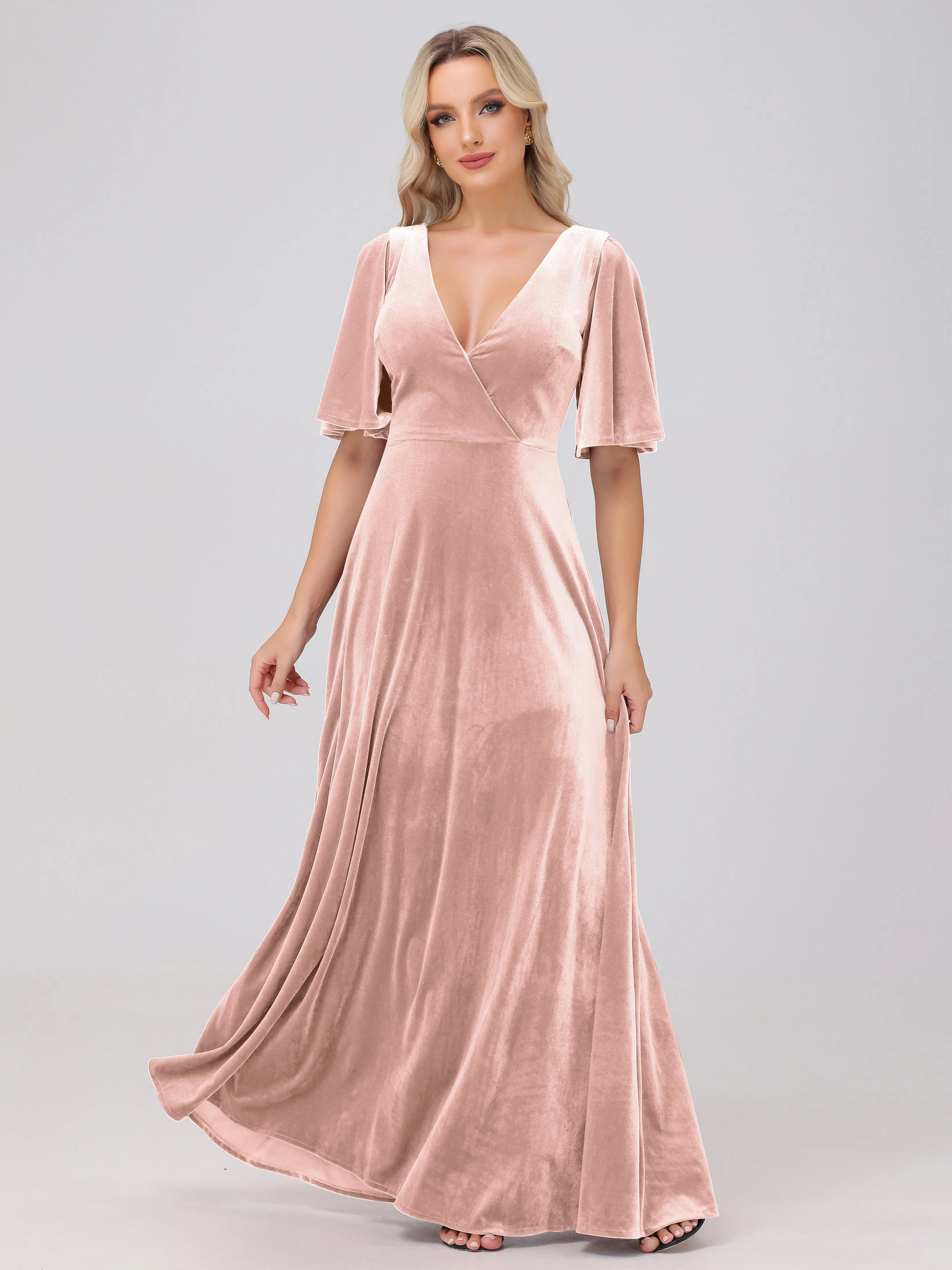 A-Line V-Neck Short Sleeves Velvet Bridesmaid Dresses
