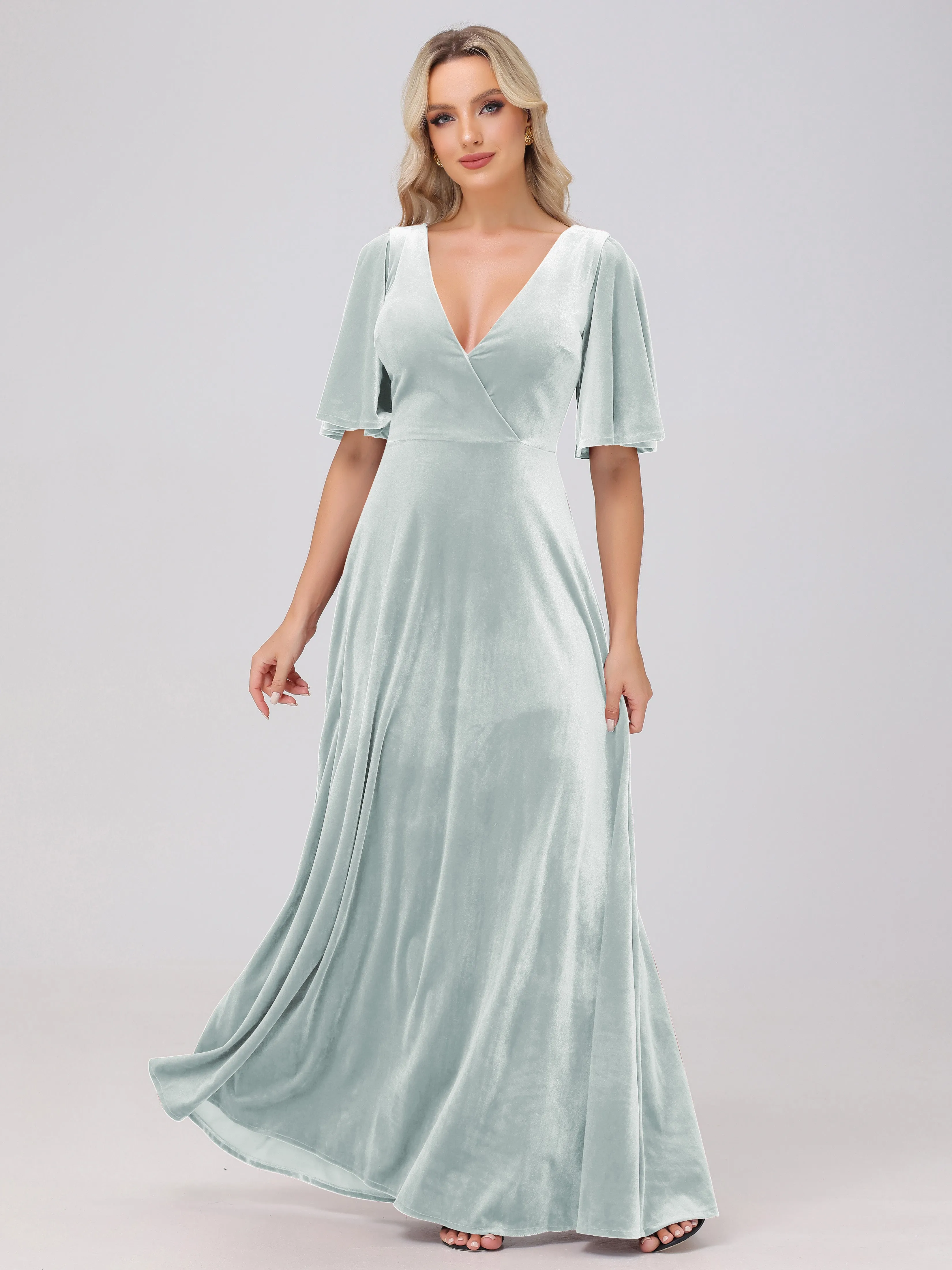 A-Line V-Neck Short Sleeves Velvet Bridesmaid Dresses