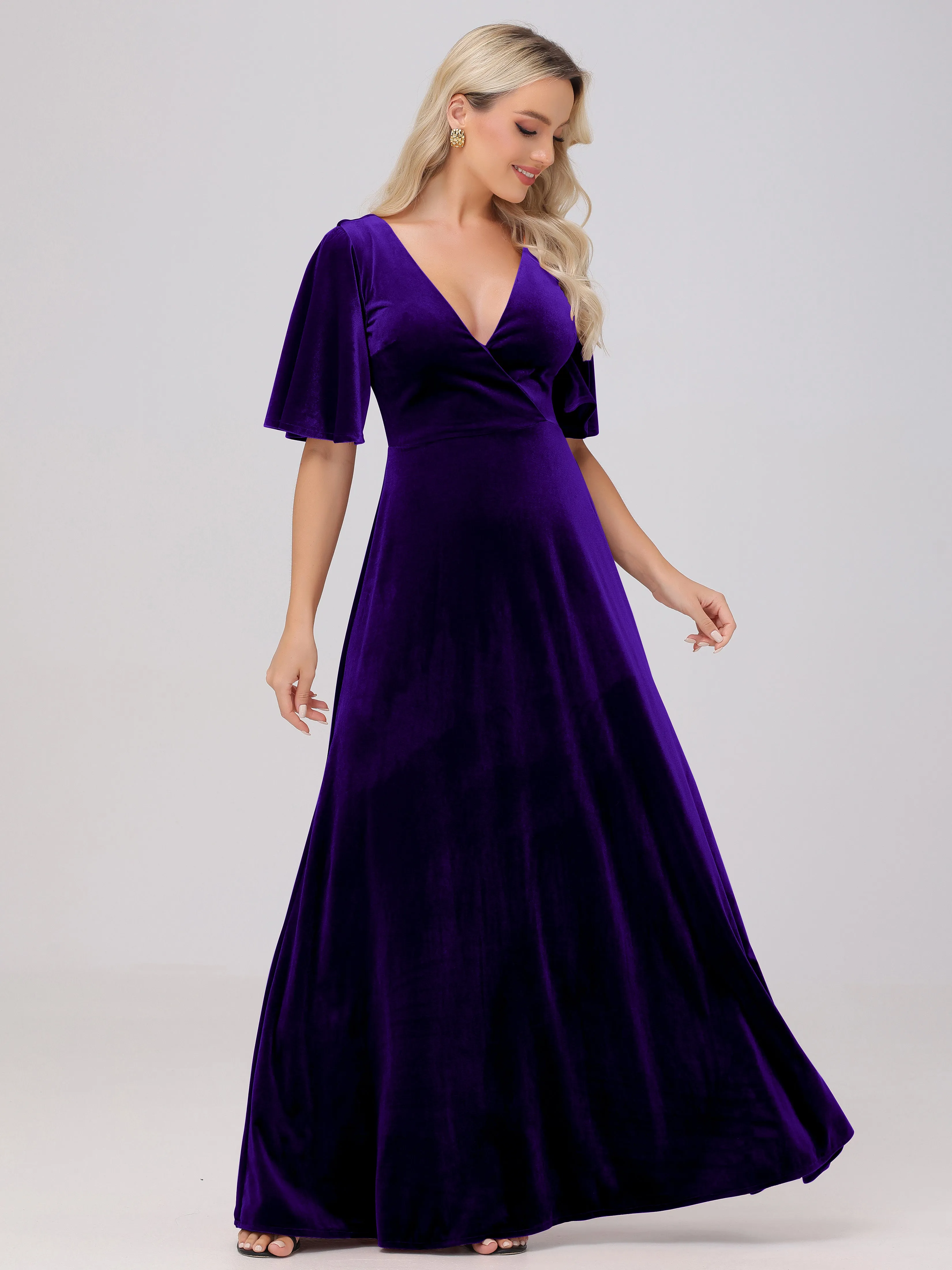 A-Line V-Neck Short Sleeves Velvet Bridesmaid Dresses