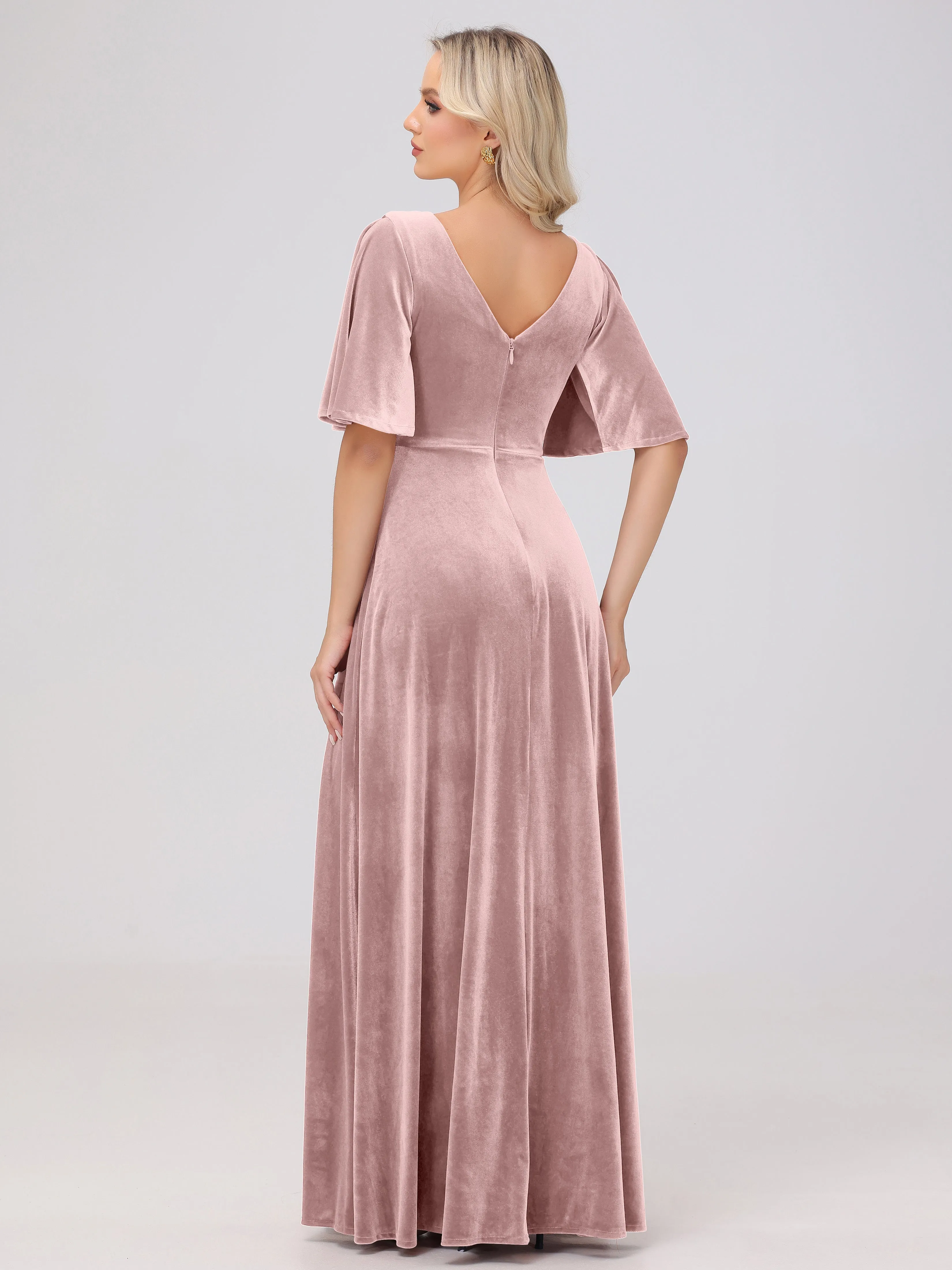 A-Line V-Neck Short Sleeves Velvet Bridesmaid Dresses
