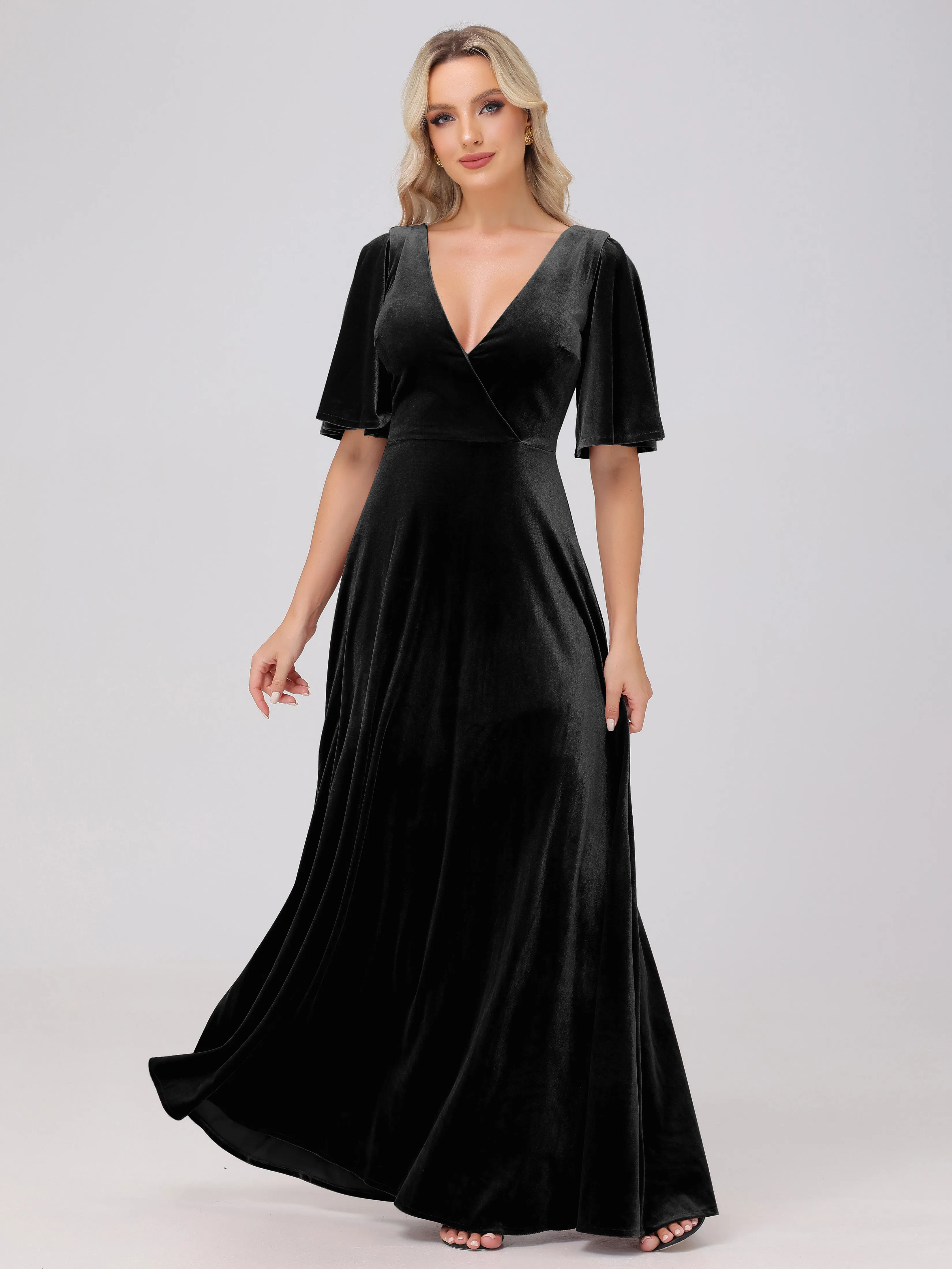 A-Line V-Neck Short Sleeves Velvet Bridesmaid Dresses