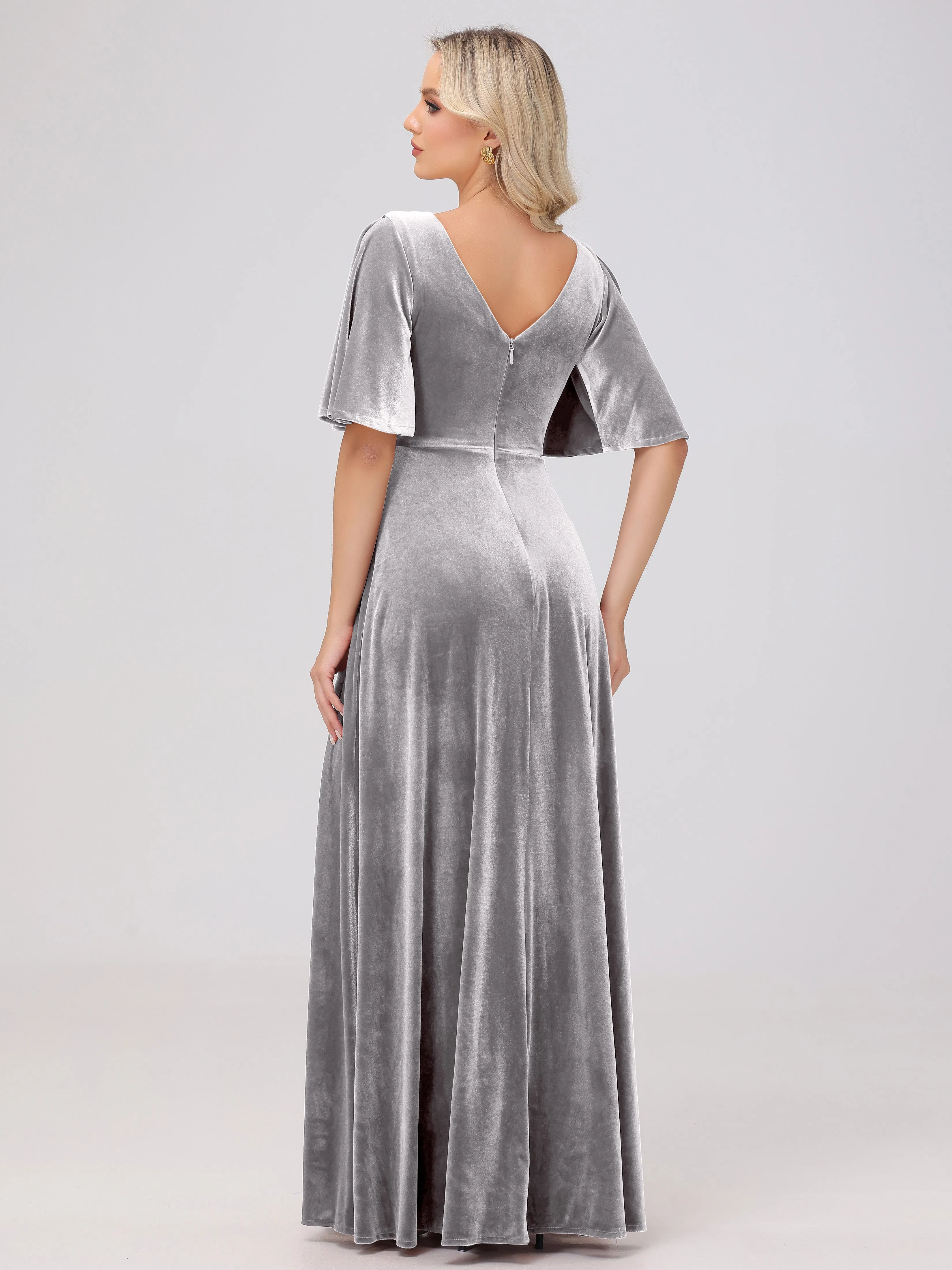 A-Line V-Neck Short Sleeves Velvet Bridesmaid Dresses