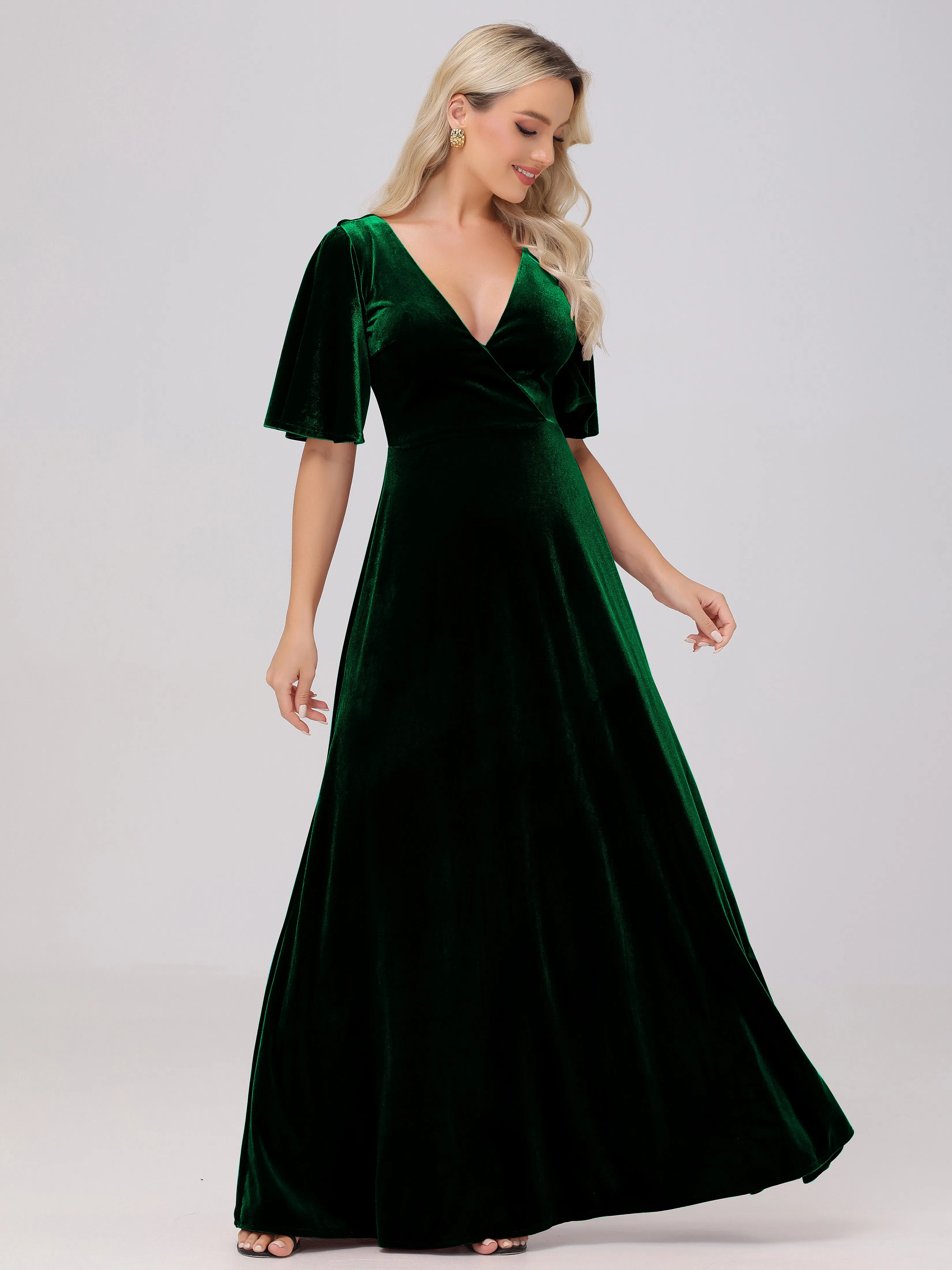 A-Line V-Neck Short Sleeves Velvet Bridesmaid Dresses