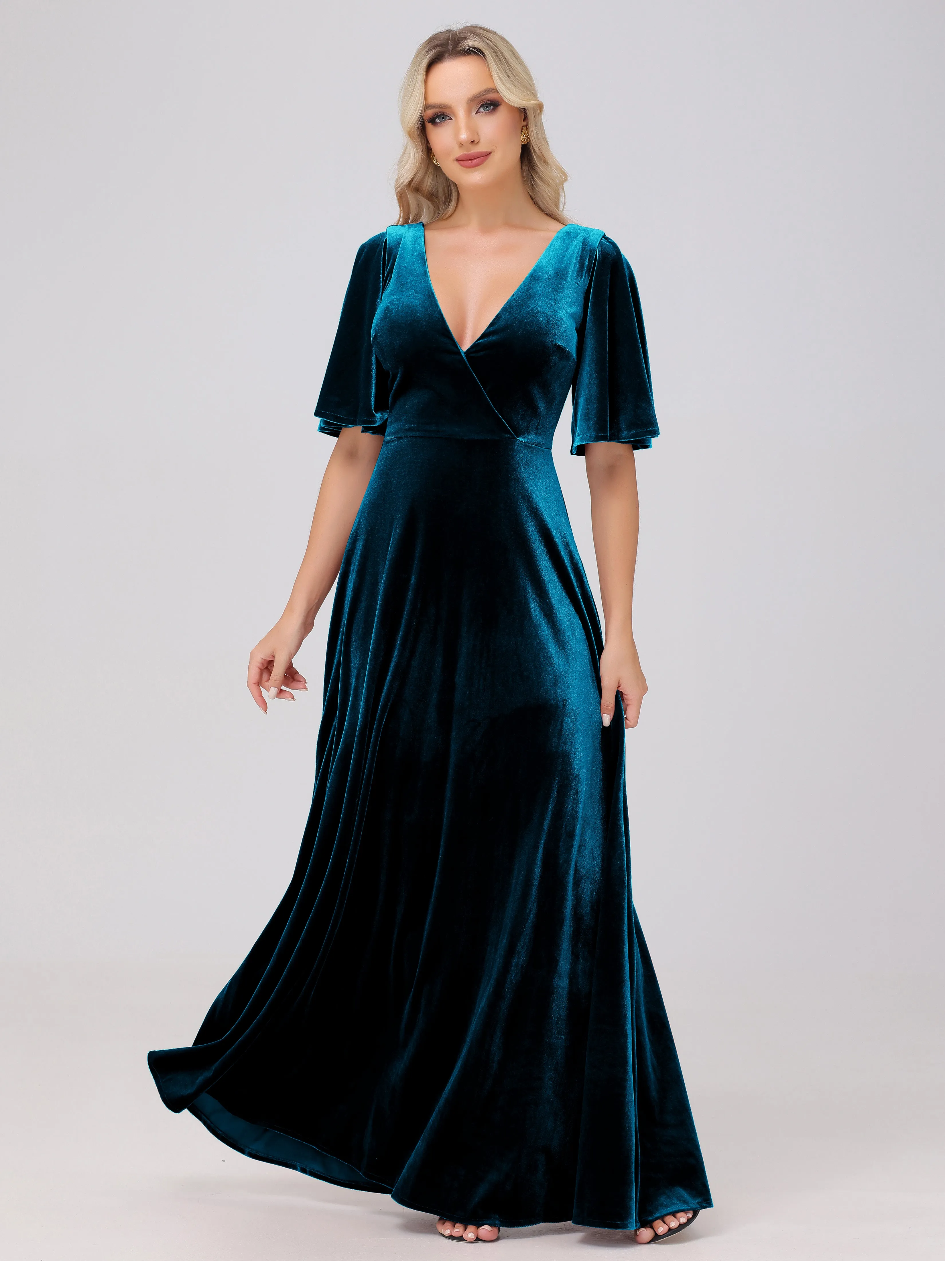 A-Line V-Neck Short Sleeves Velvet Bridesmaid Dresses