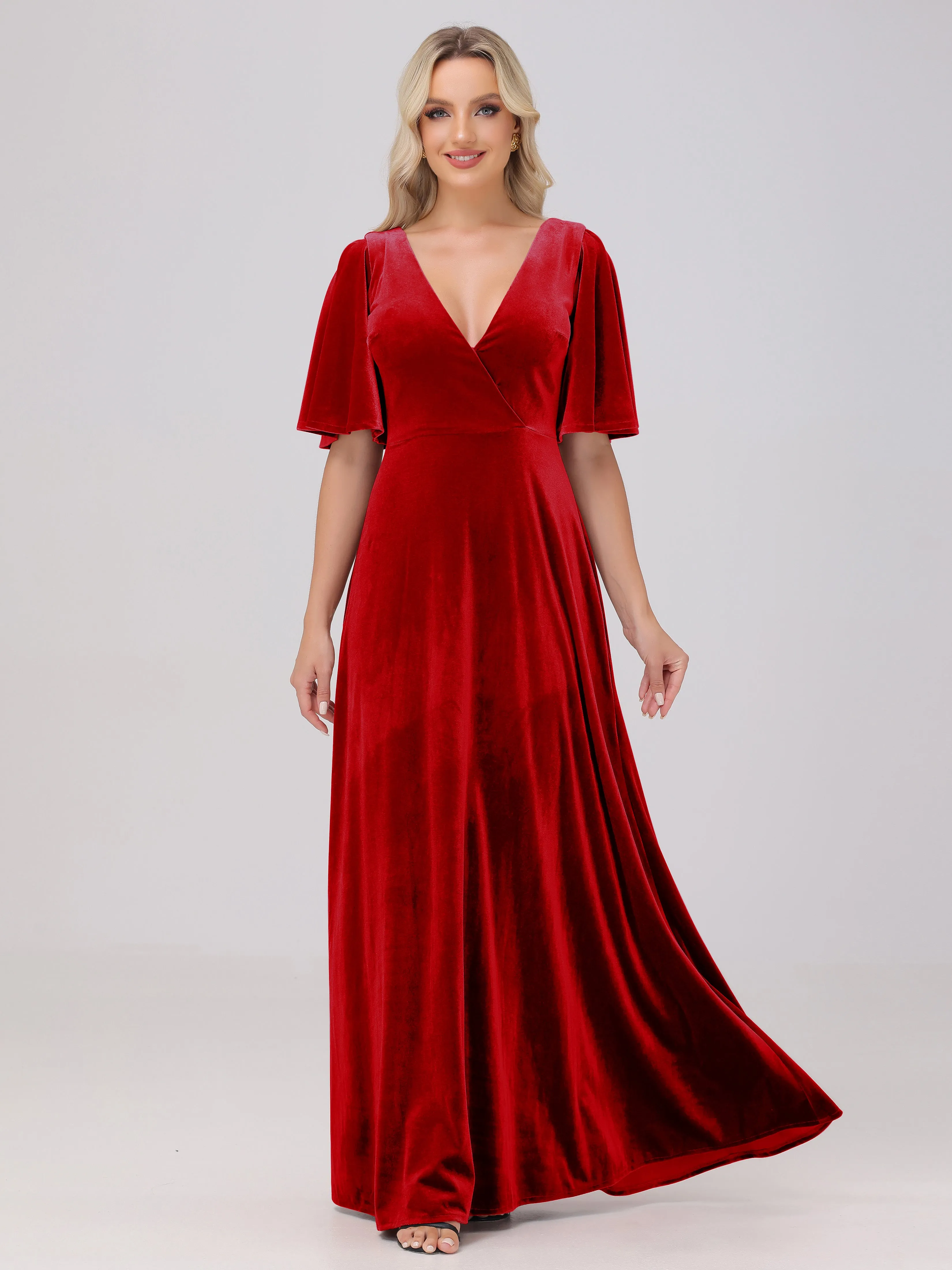 A-Line V-Neck Short Sleeves Velvet Bridesmaid Dresses