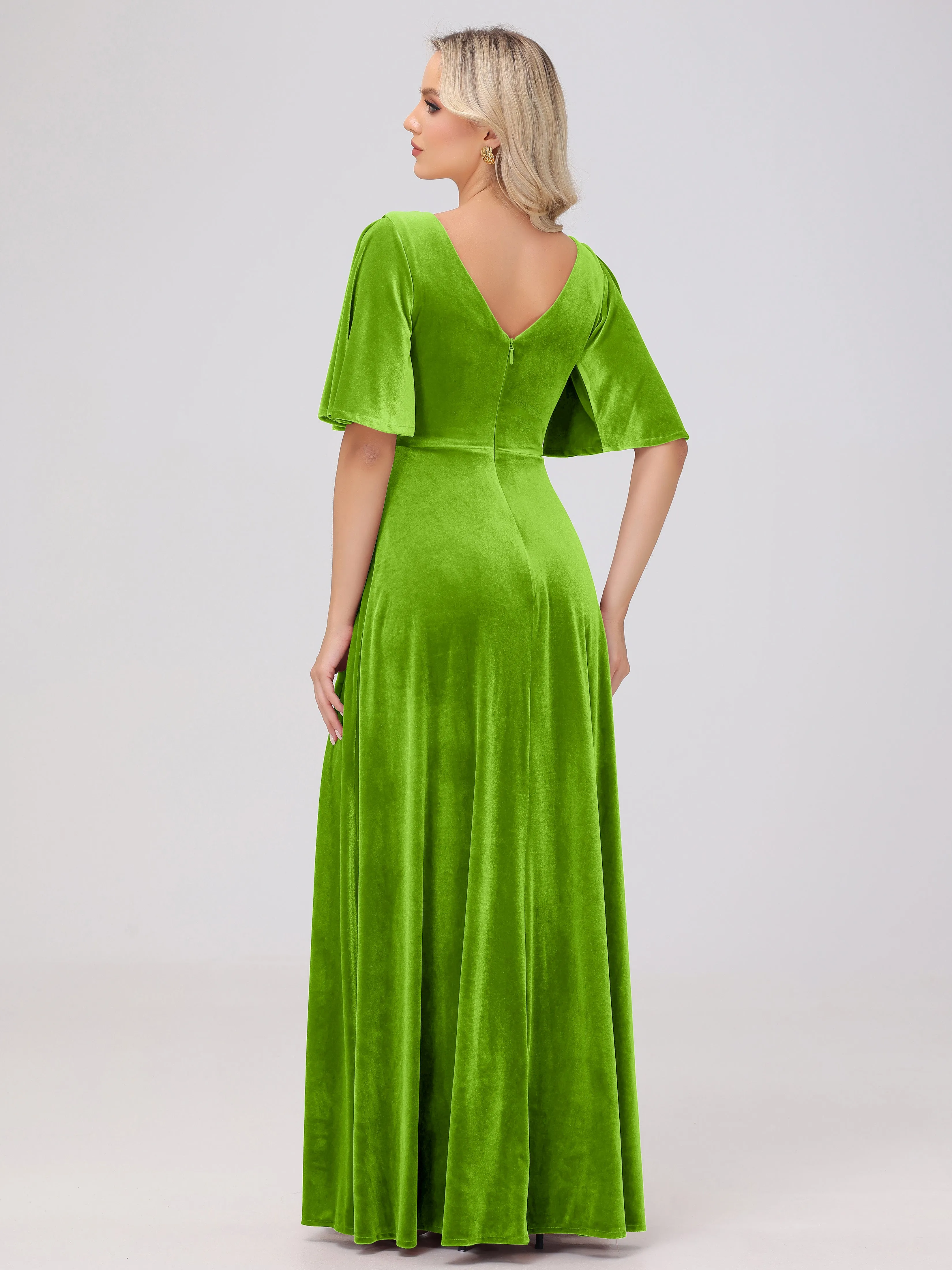A-Line V-Neck Short Sleeves Velvet Bridesmaid Dresses