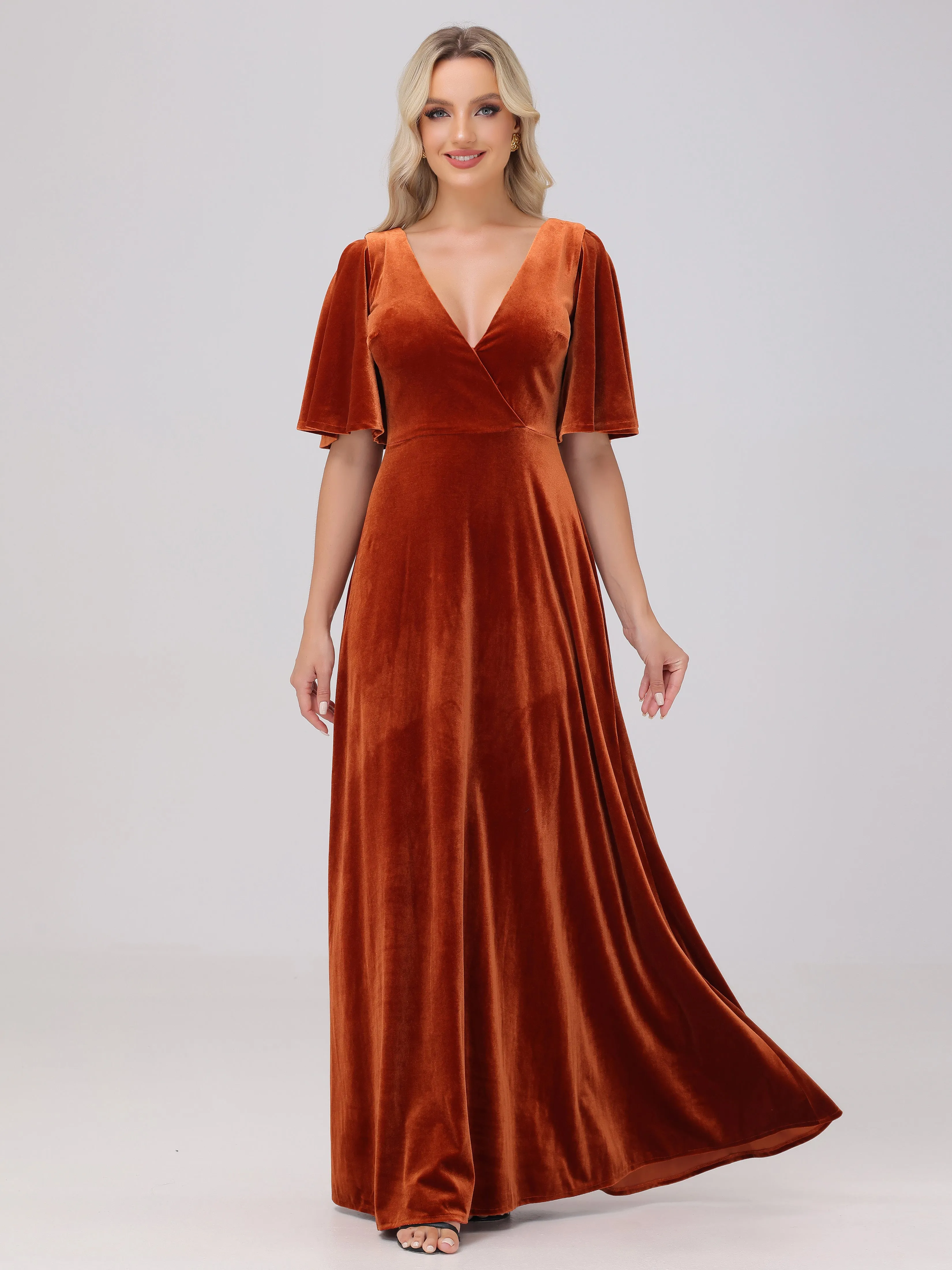A-Line V-Neck Short Sleeves Velvet Bridesmaid Dresses