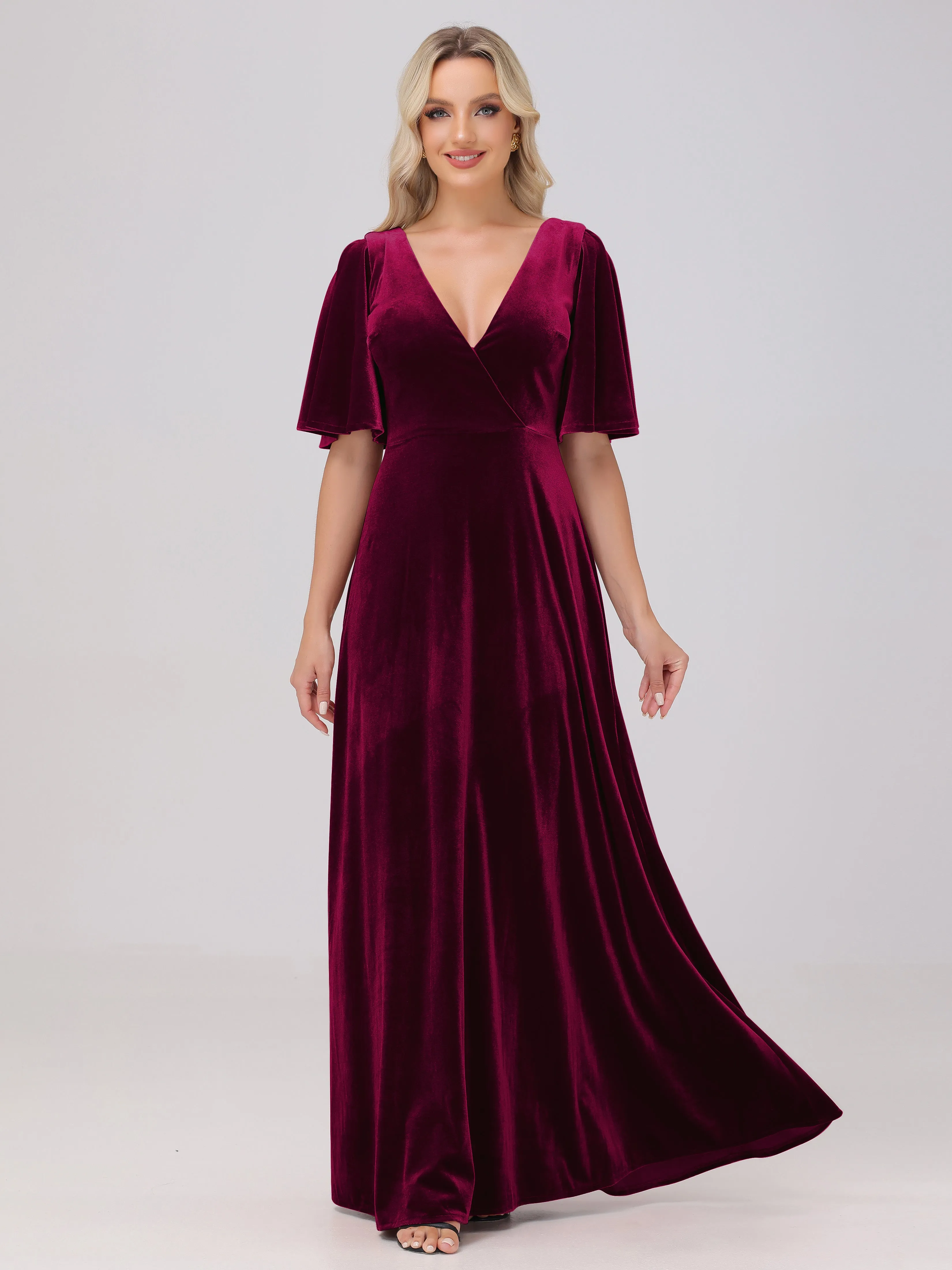 A-Line V-Neck Short Sleeves Velvet Bridesmaid Dresses
