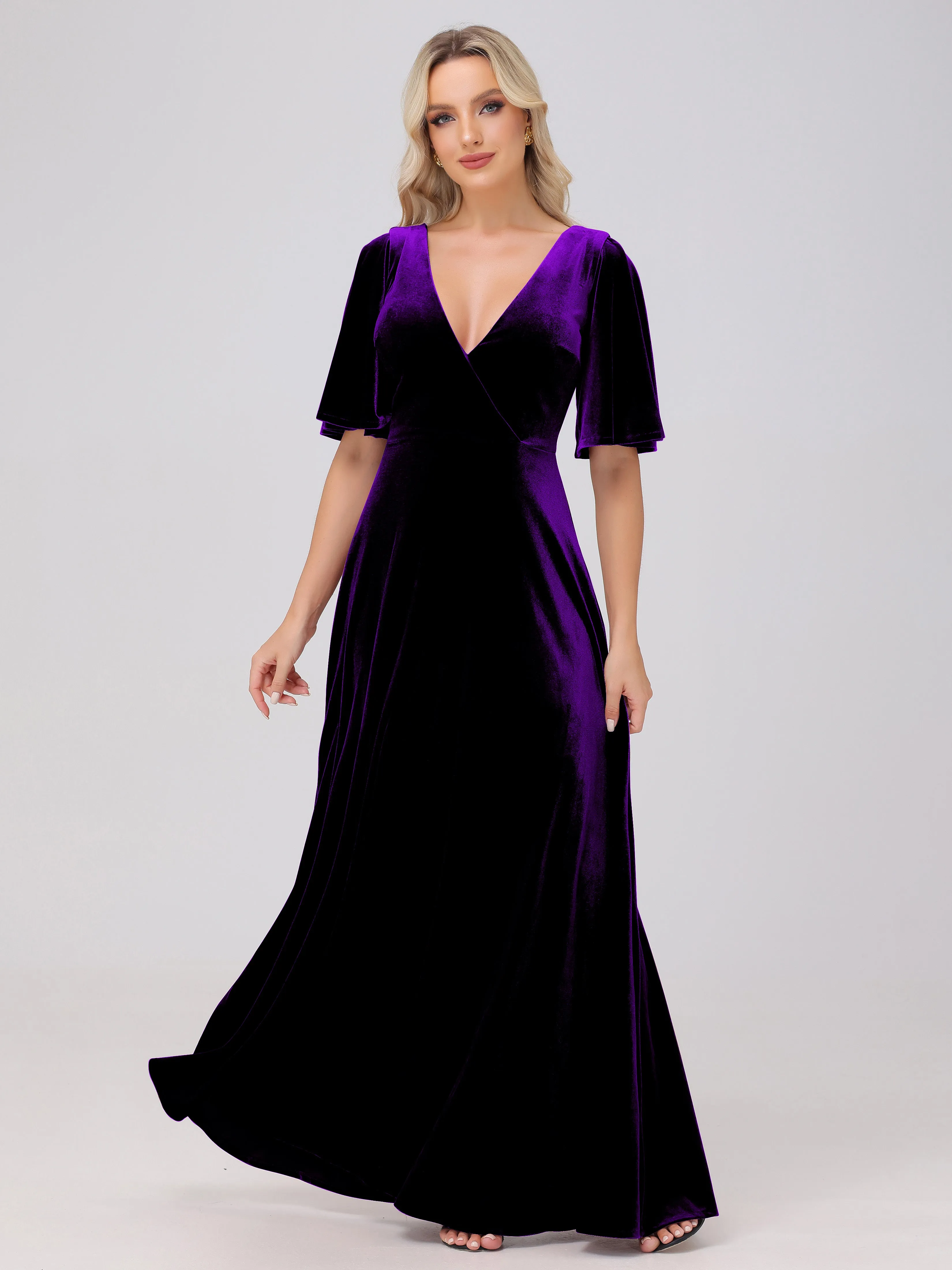 A-Line V-Neck Short Sleeves Velvet Bridesmaid Dresses