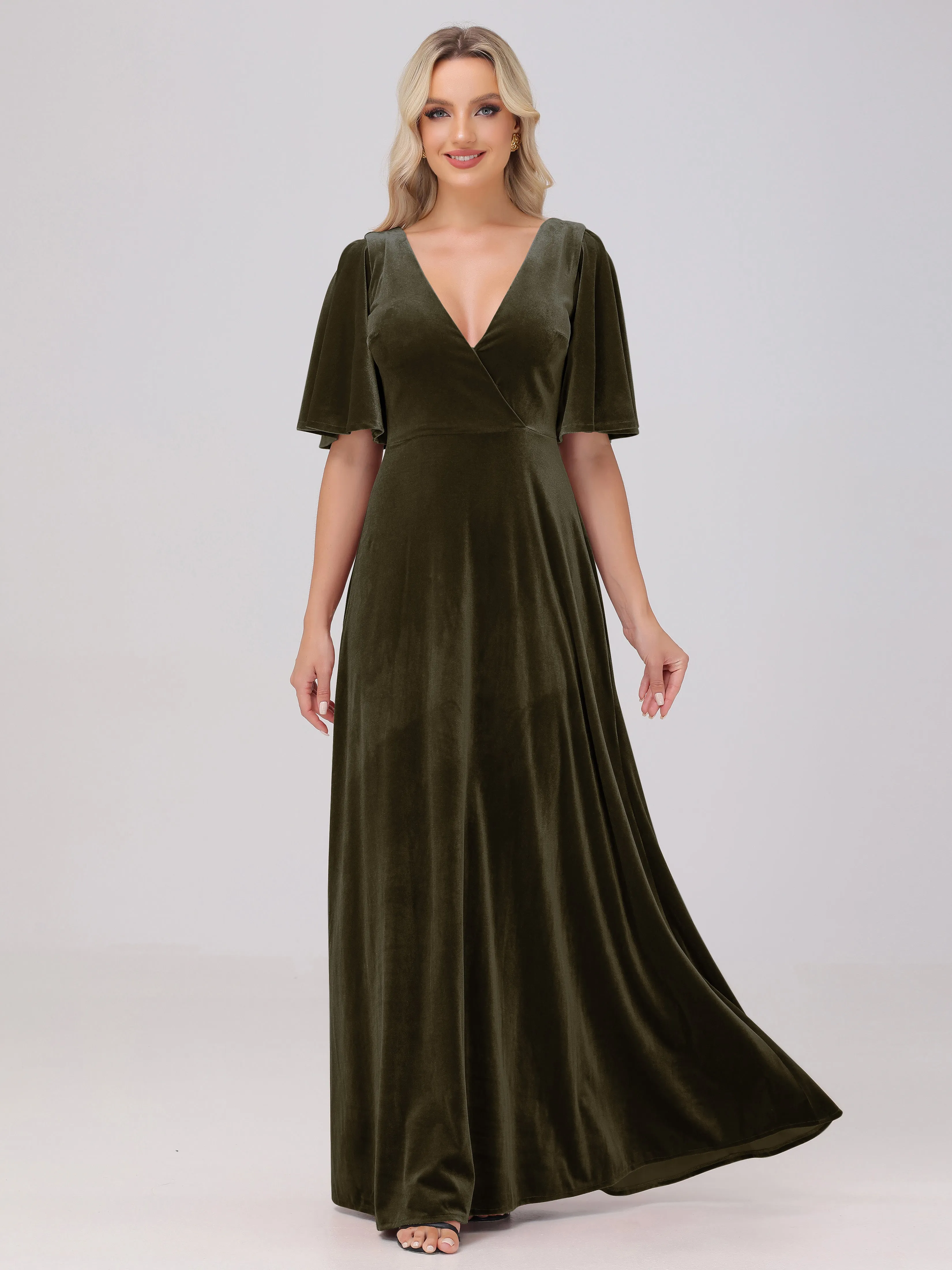 A-Line V-Neck Short Sleeves Velvet Bridesmaid Dresses