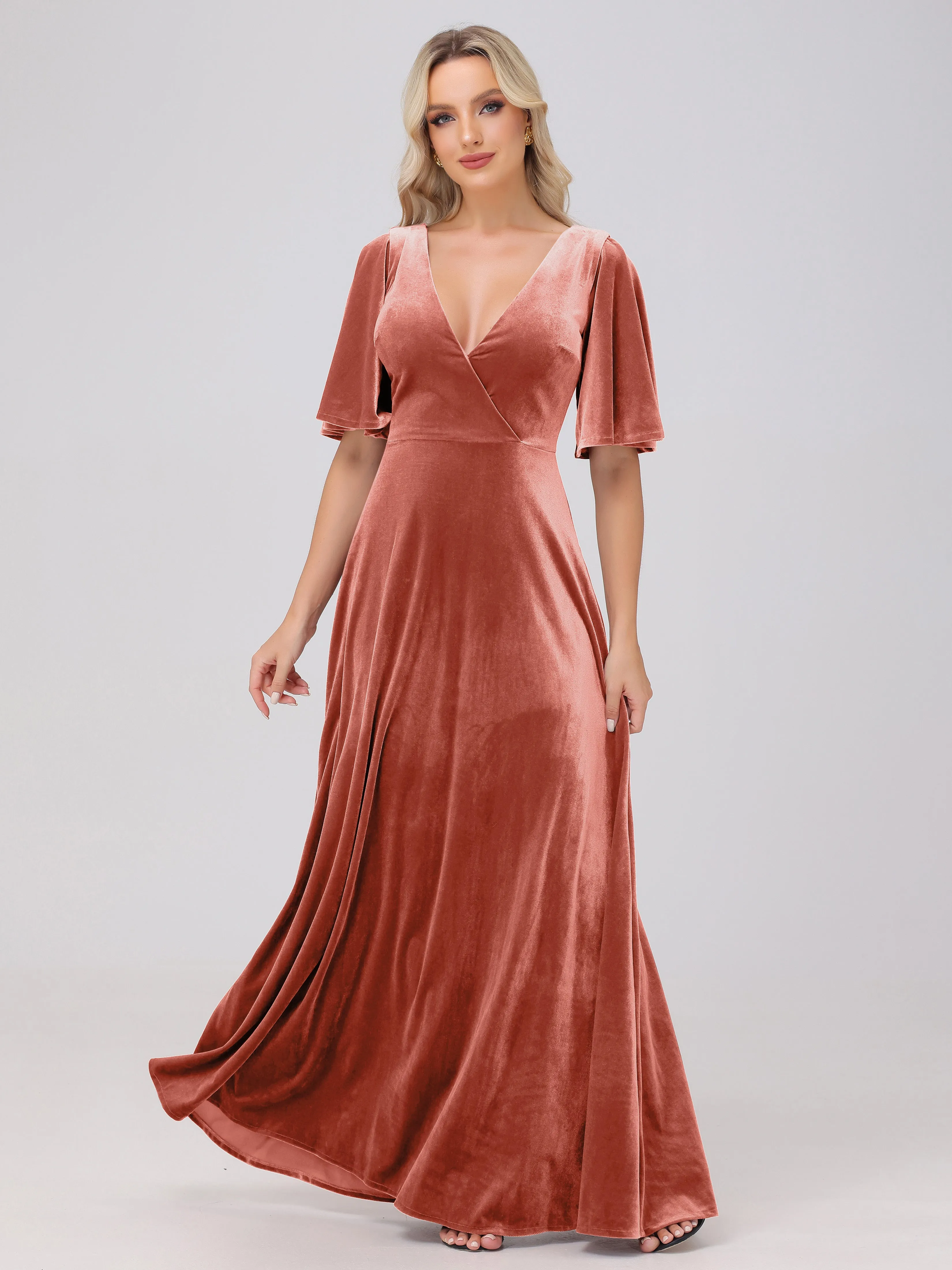A-Line V-Neck Short Sleeves Velvet Bridesmaid Dresses