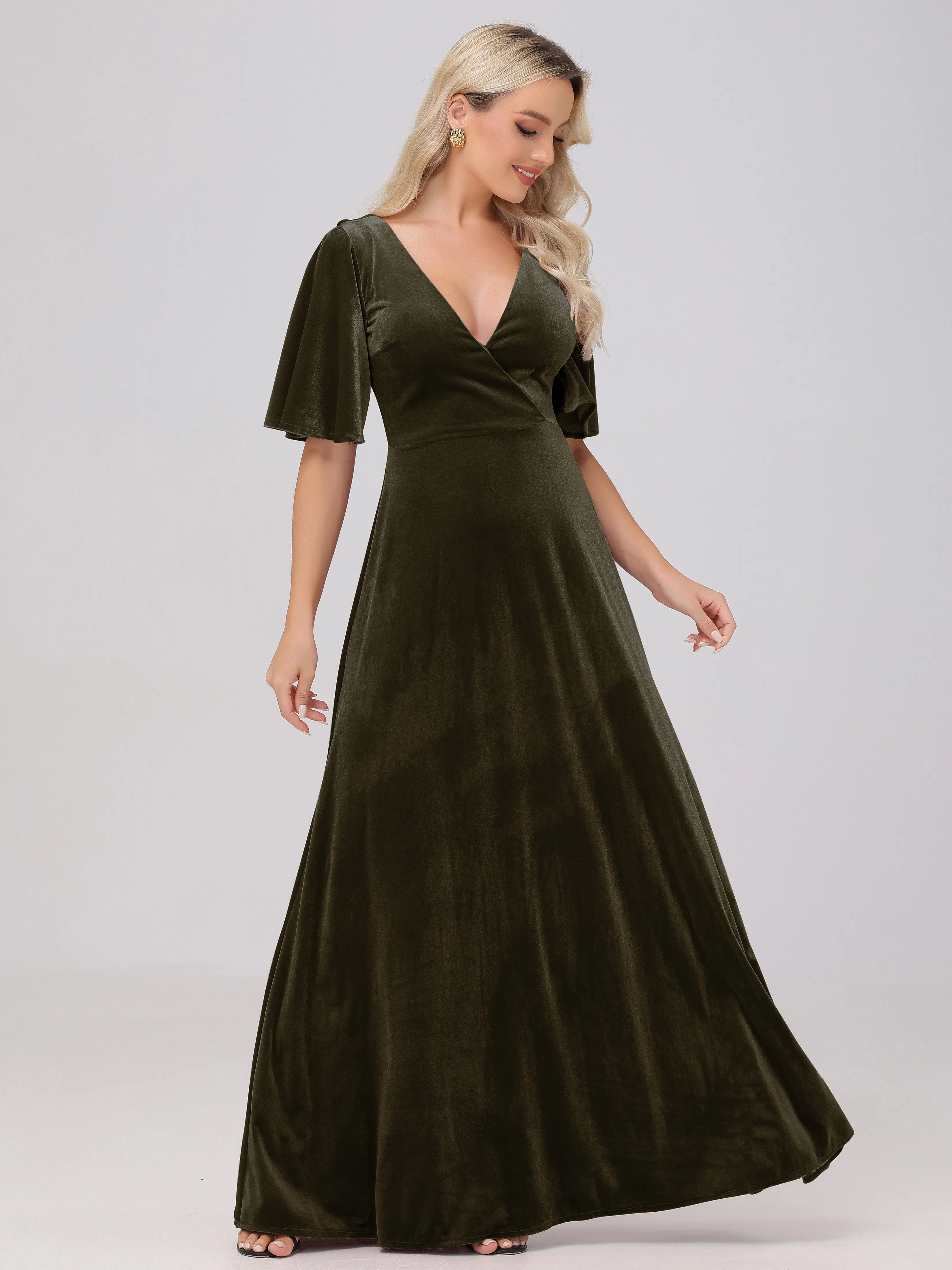 A-Line V-Neck Short Sleeves Velvet Bridesmaid Dresses