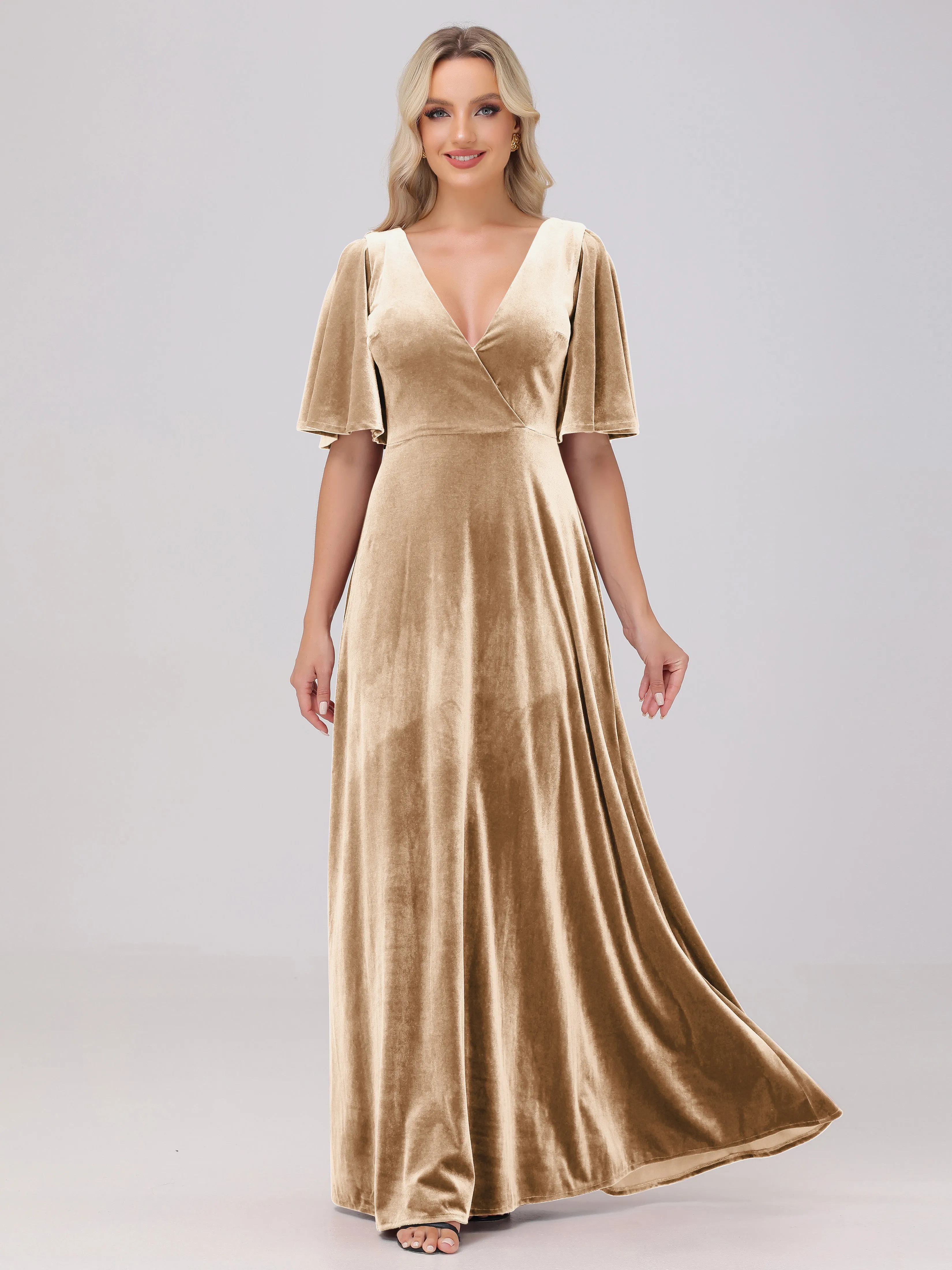 A-Line V-Neck Short Sleeves Velvet Bridesmaid Dresses