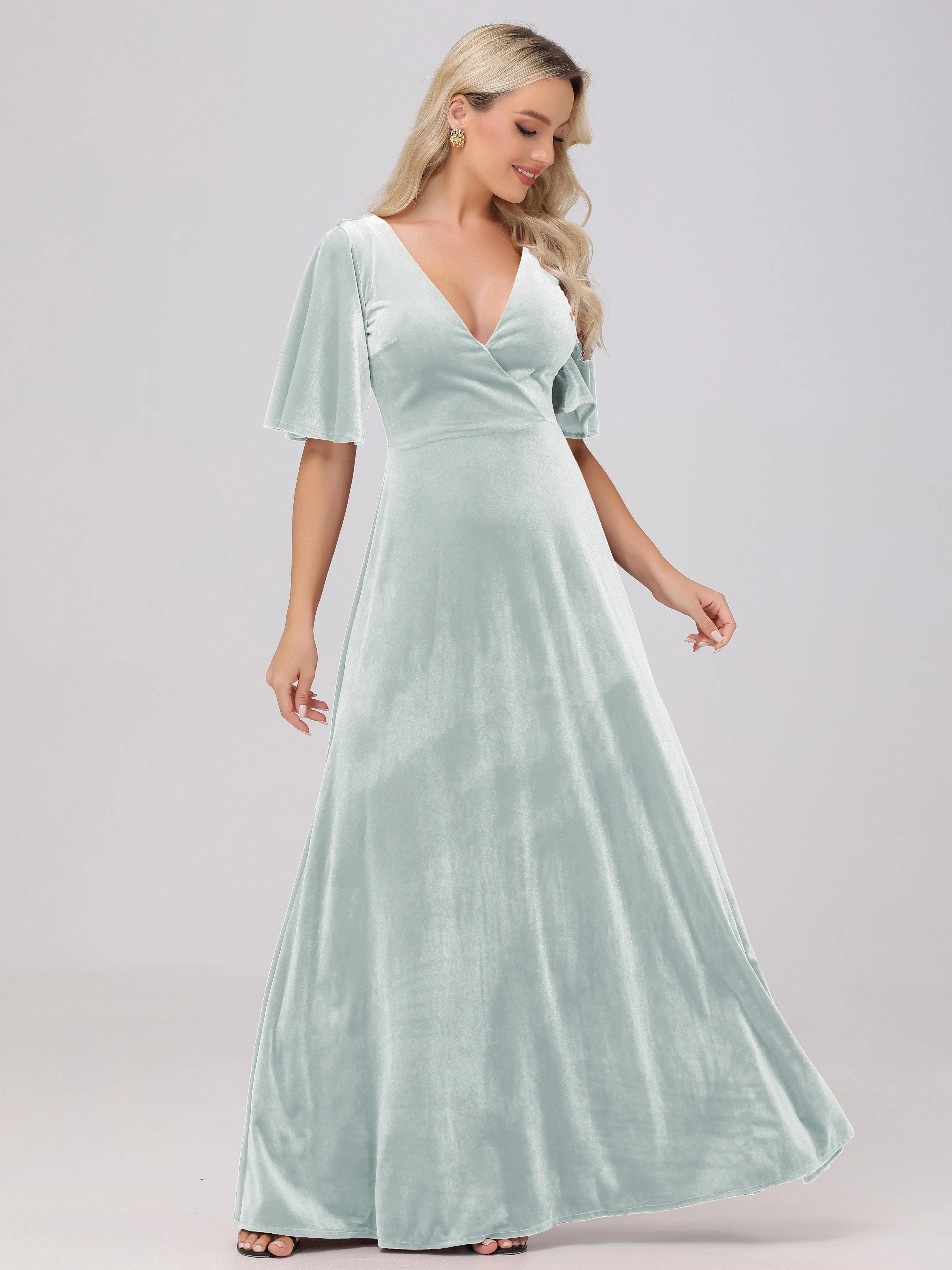A-Line V-Neck Short Sleeves Velvet Bridesmaid Dresses