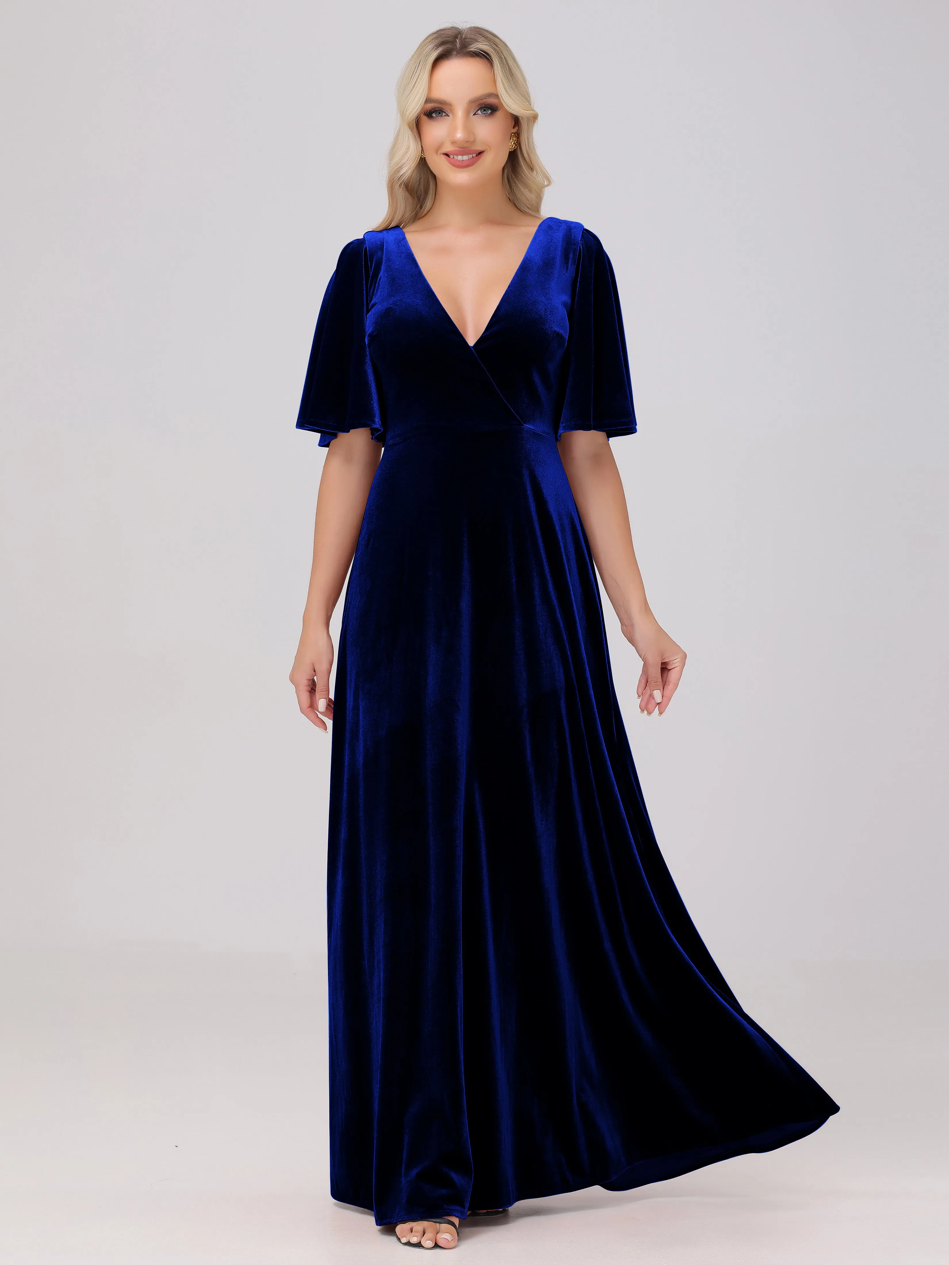 A-Line V-Neck Short Sleeves Velvet Bridesmaid Dresses