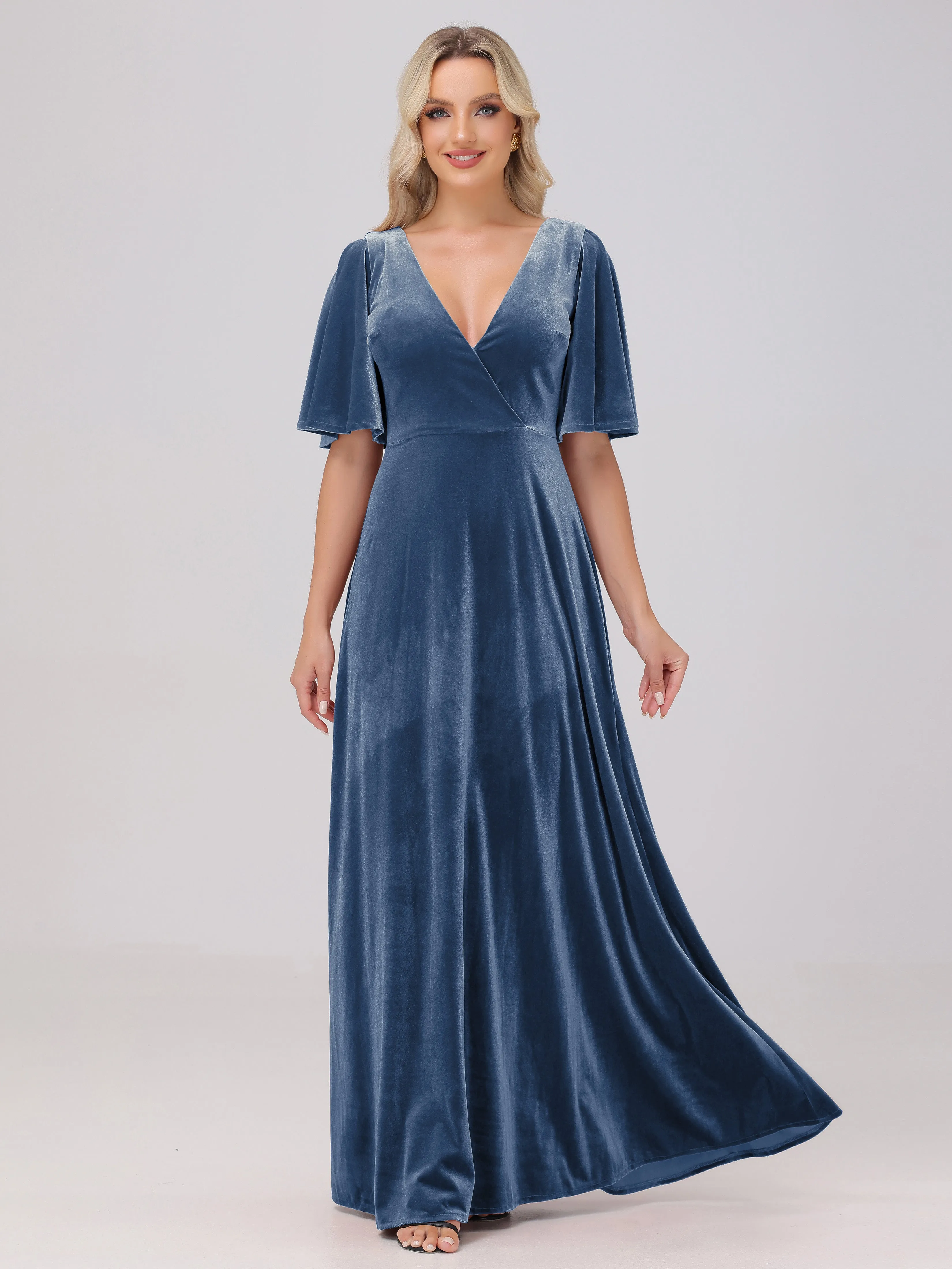 A-Line V-Neck Short Sleeves Velvet Bridesmaid Dresses
