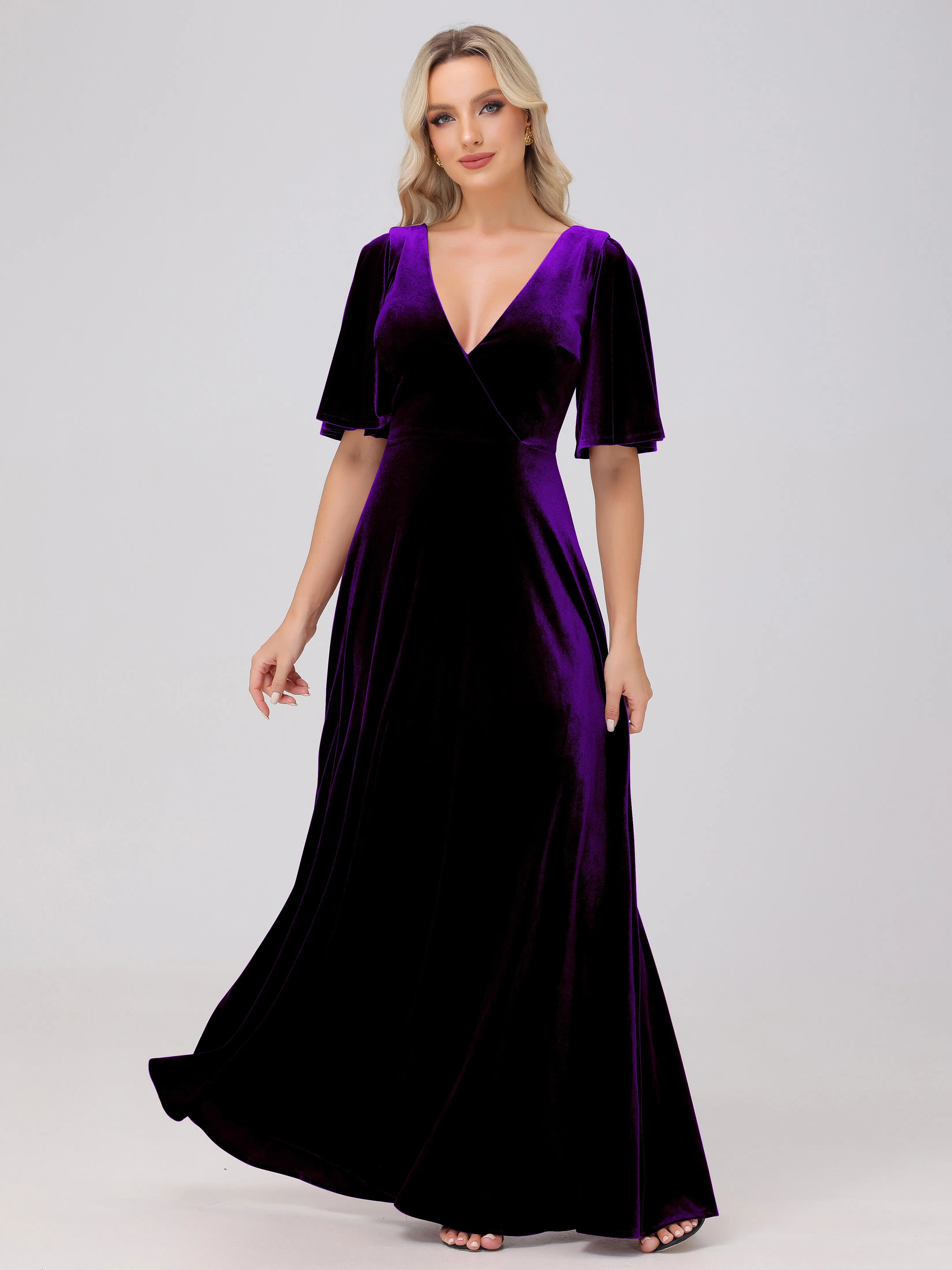 A-Line V-Neck Short Sleeves Velvet Bridesmaid Dresses