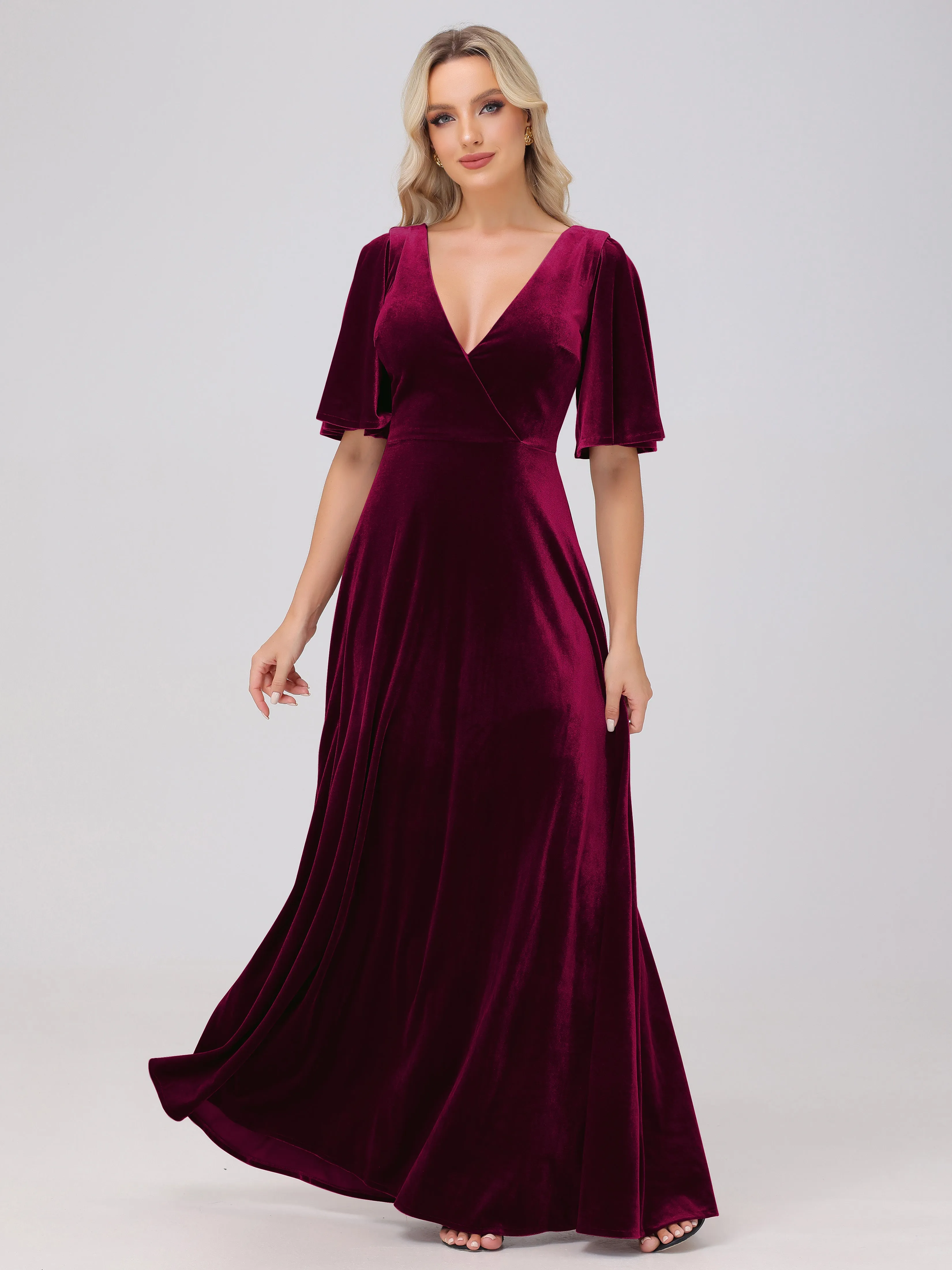A-Line V-Neck Short Sleeves Velvet Bridesmaid Dresses