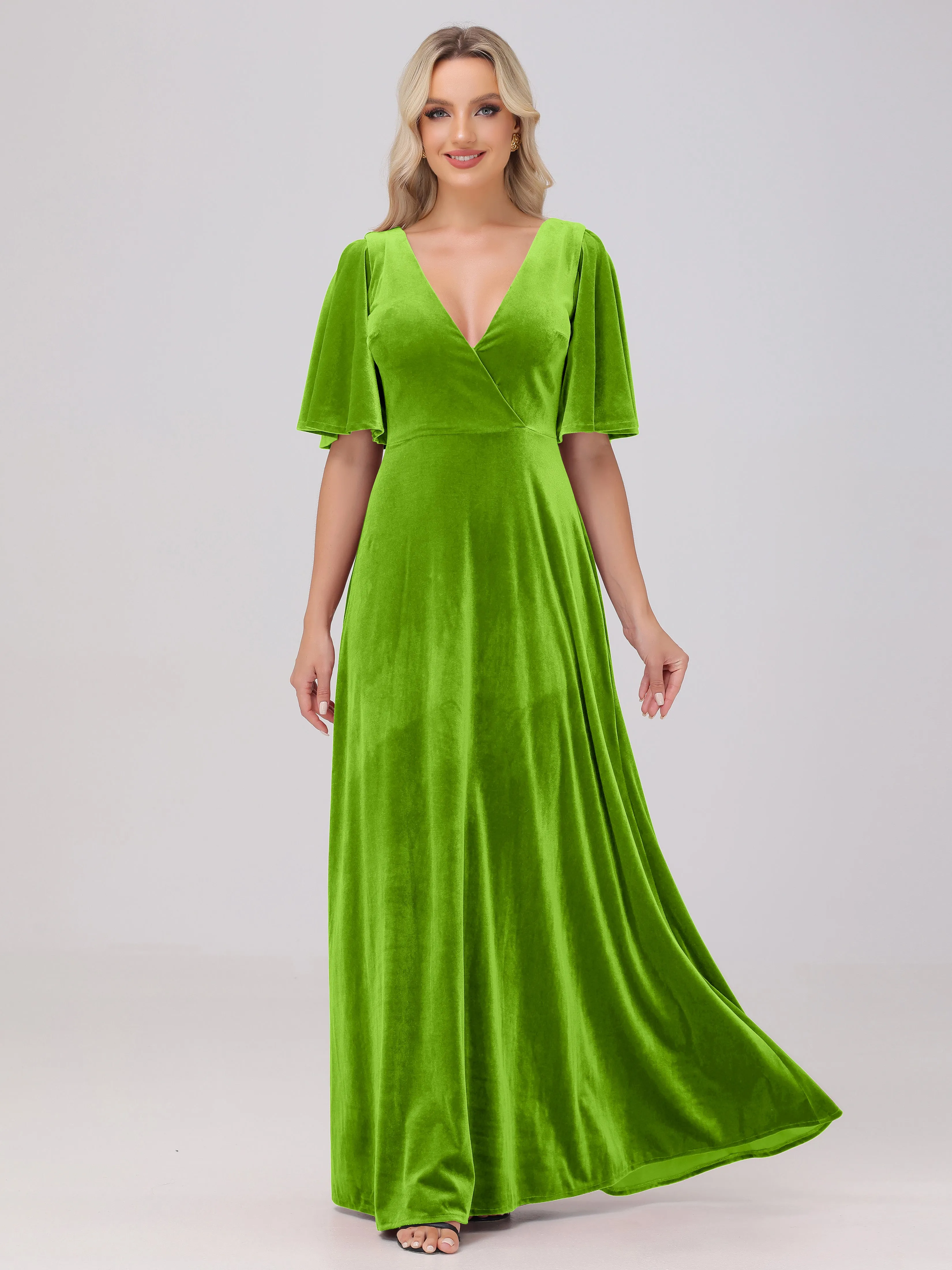A-Line V-Neck Short Sleeves Velvet Bridesmaid Dresses