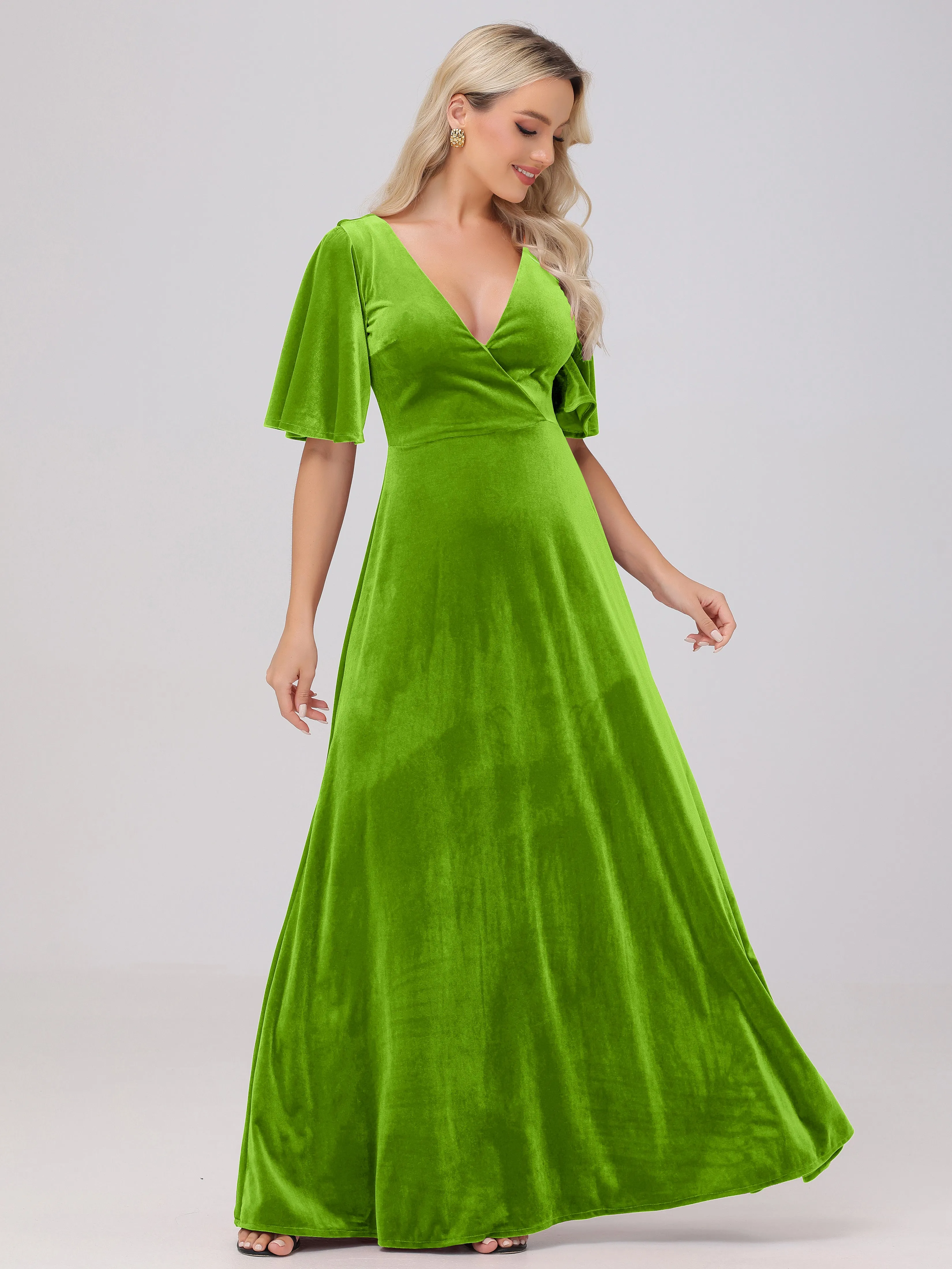A-Line V-Neck Short Sleeves Velvet Bridesmaid Dresses