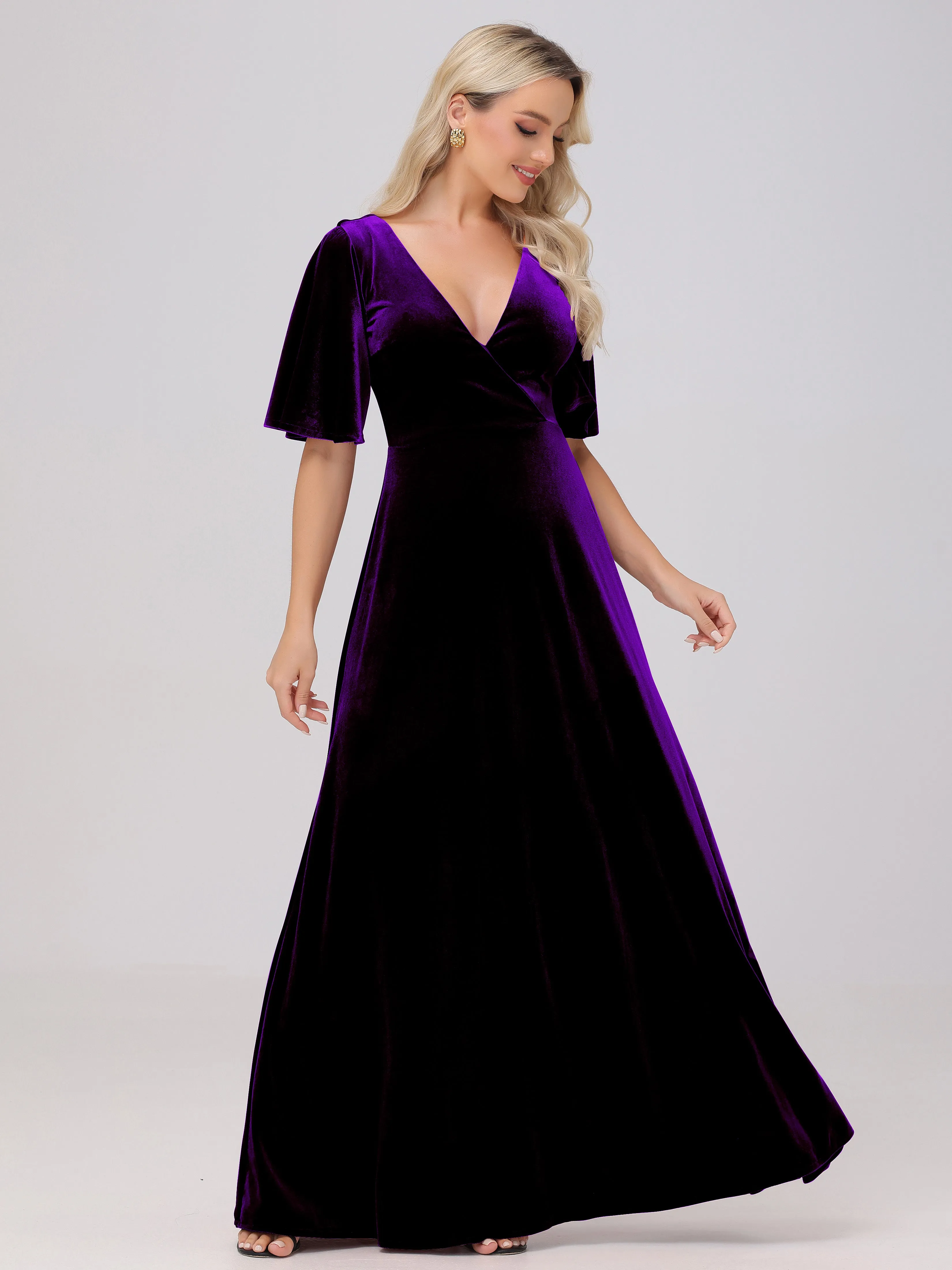 A-Line V-Neck Short Sleeves Velvet Bridesmaid Dresses