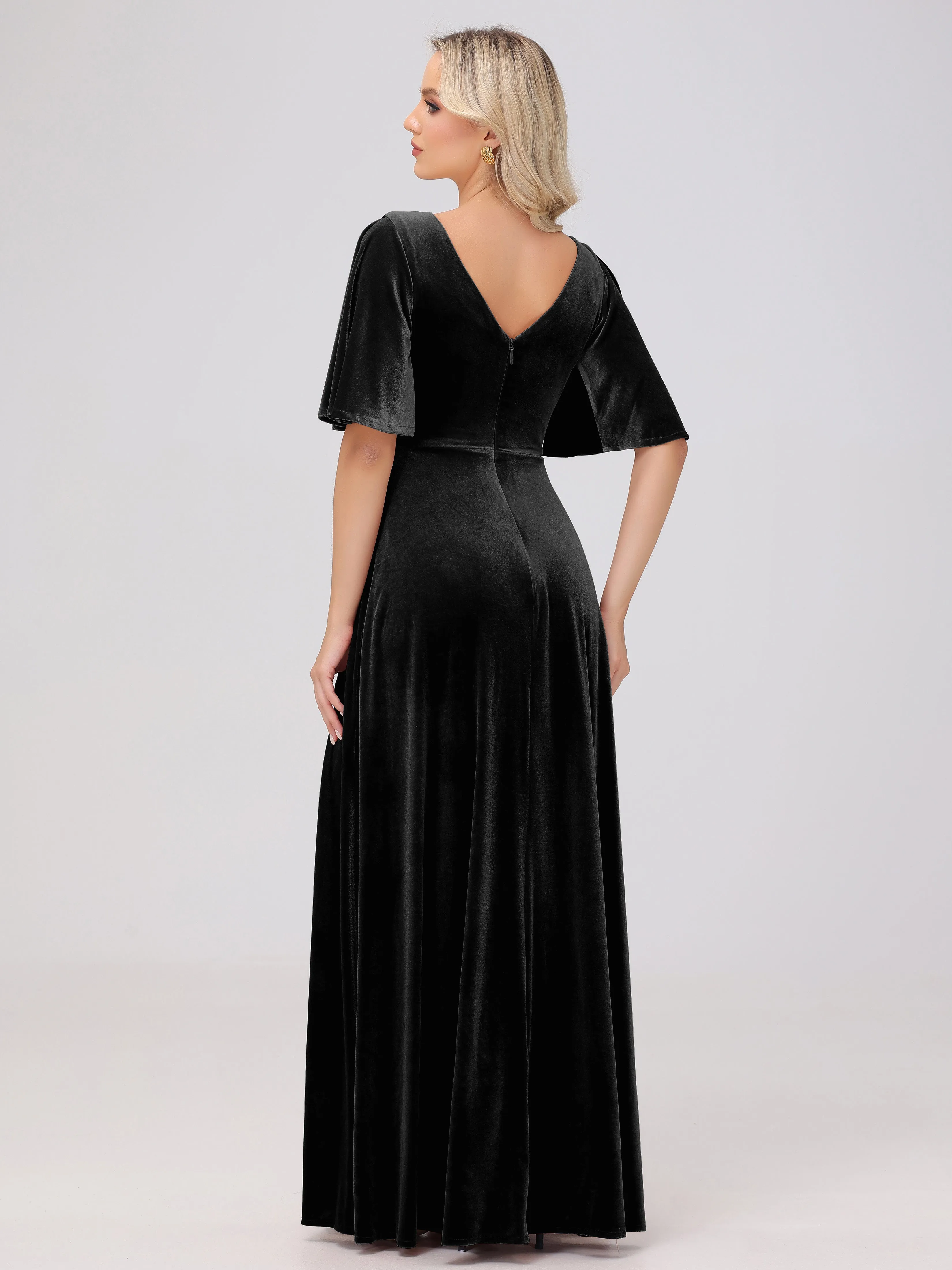 A-Line V-Neck Short Sleeves Velvet Bridesmaid Dresses