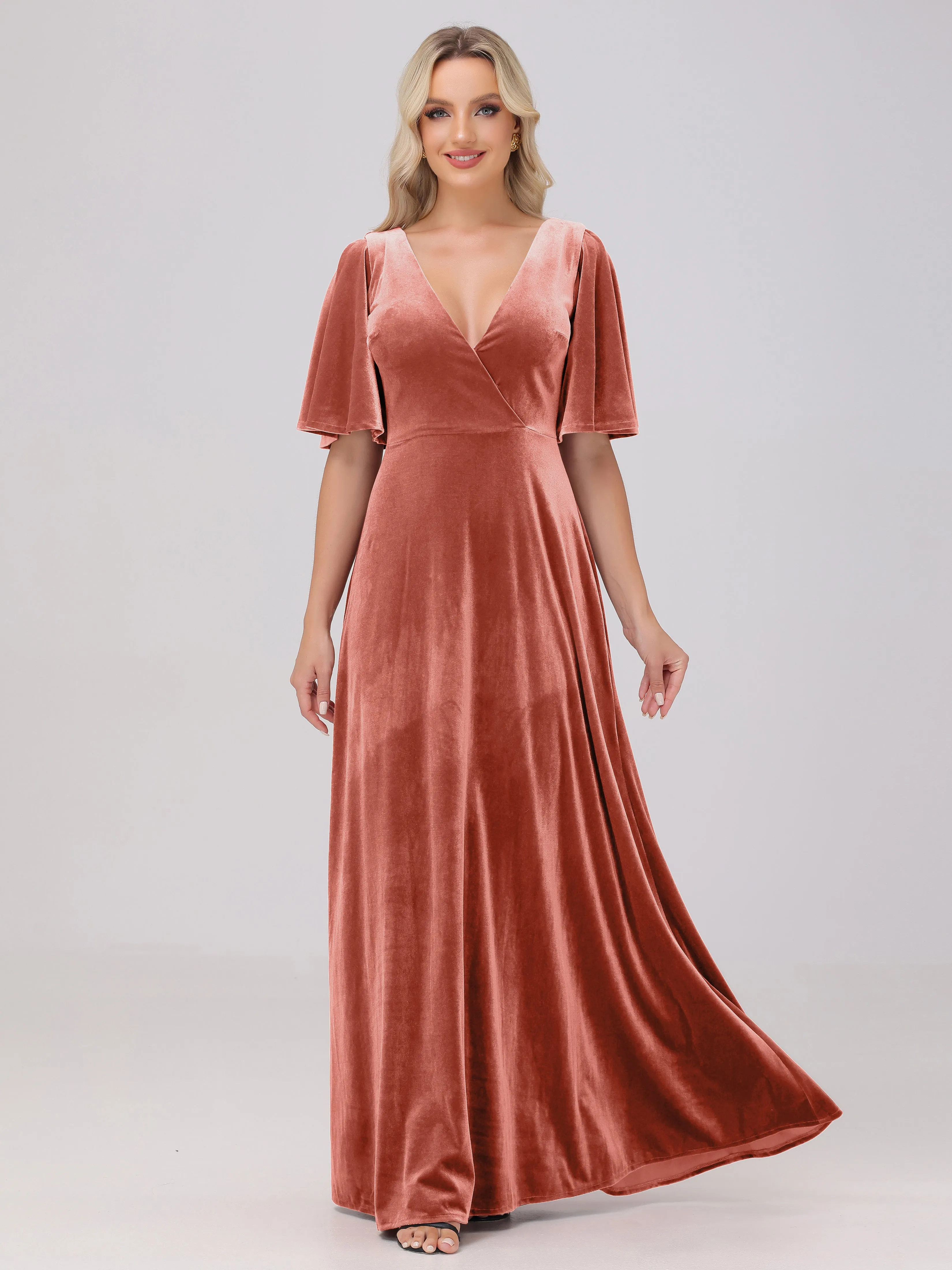 A-Line V-Neck Short Sleeves Velvet Bridesmaid Dresses