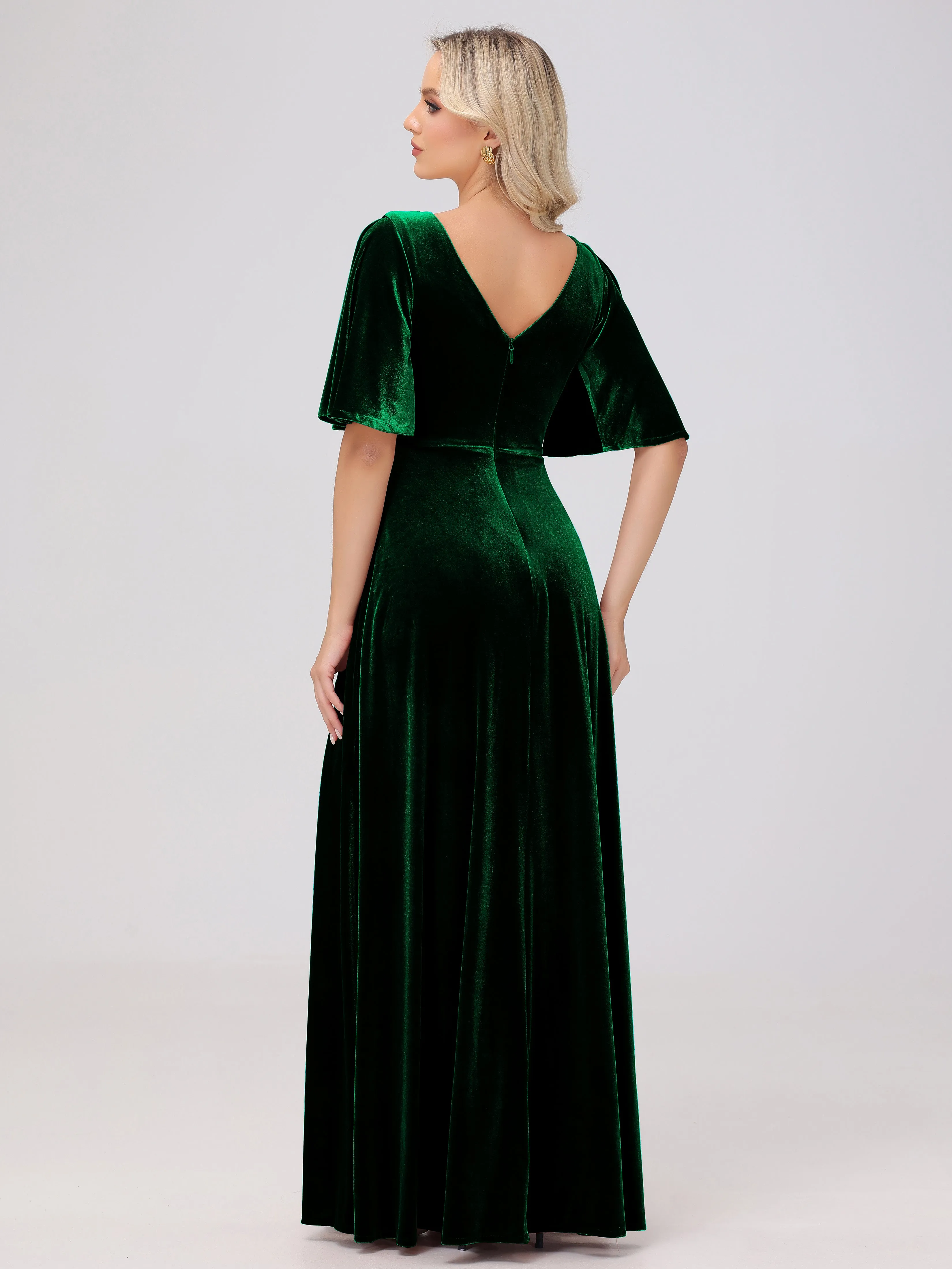 A-Line V-Neck Short Sleeves Velvet Bridesmaid Dresses