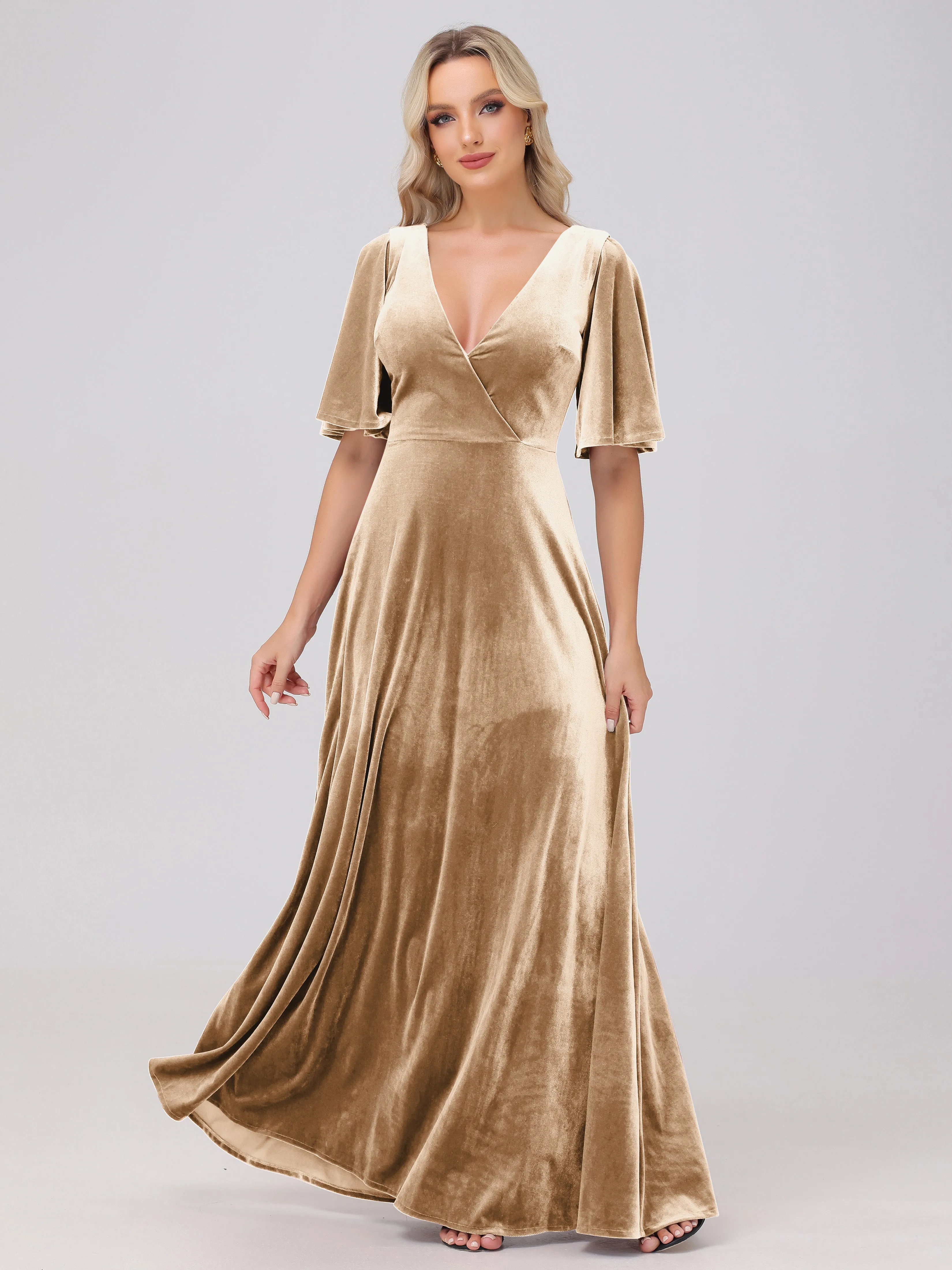 A-Line V-Neck Short Sleeves Velvet Bridesmaid Dresses