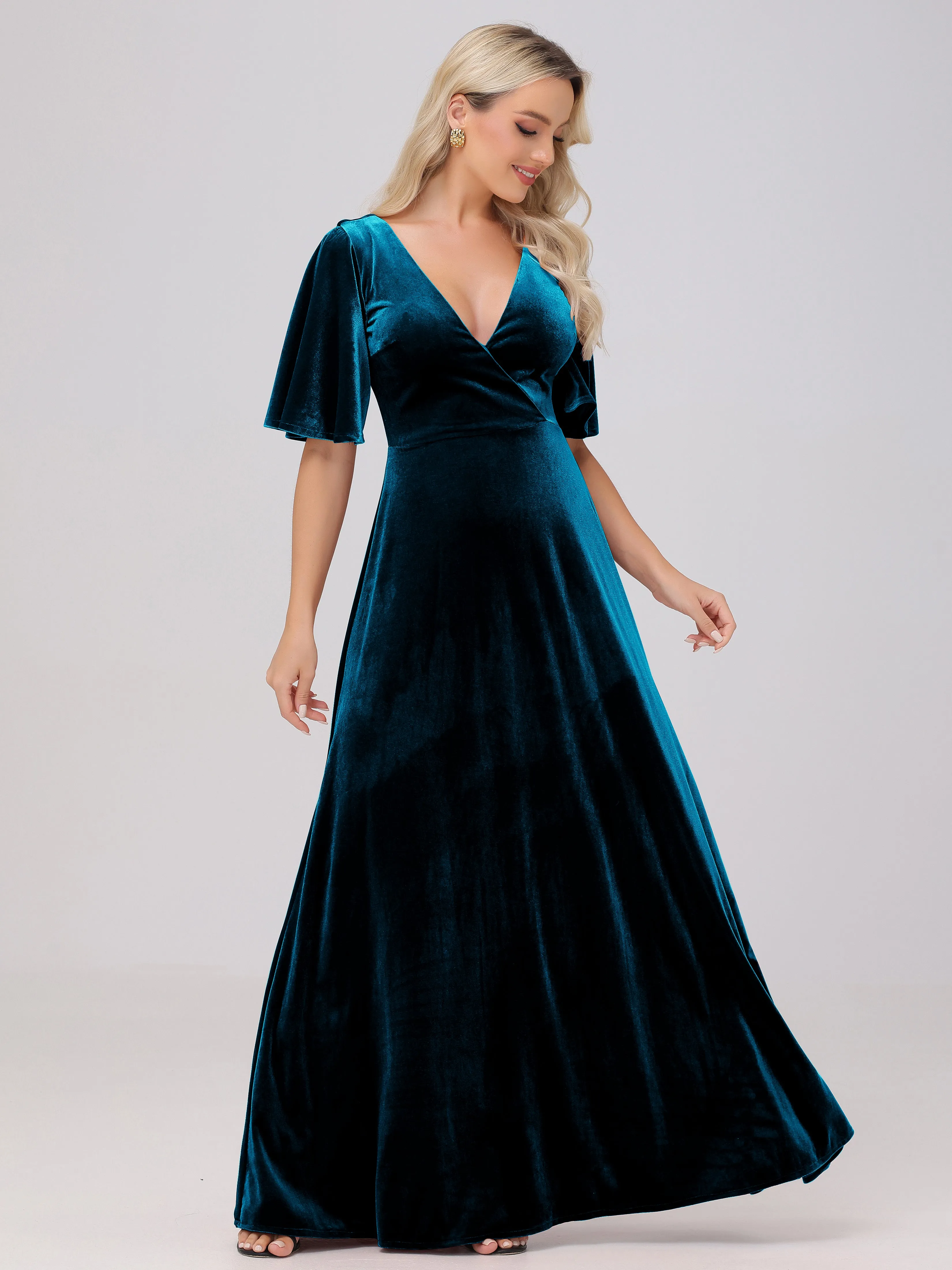 A-Line V-Neck Short Sleeves Velvet Bridesmaid Dresses