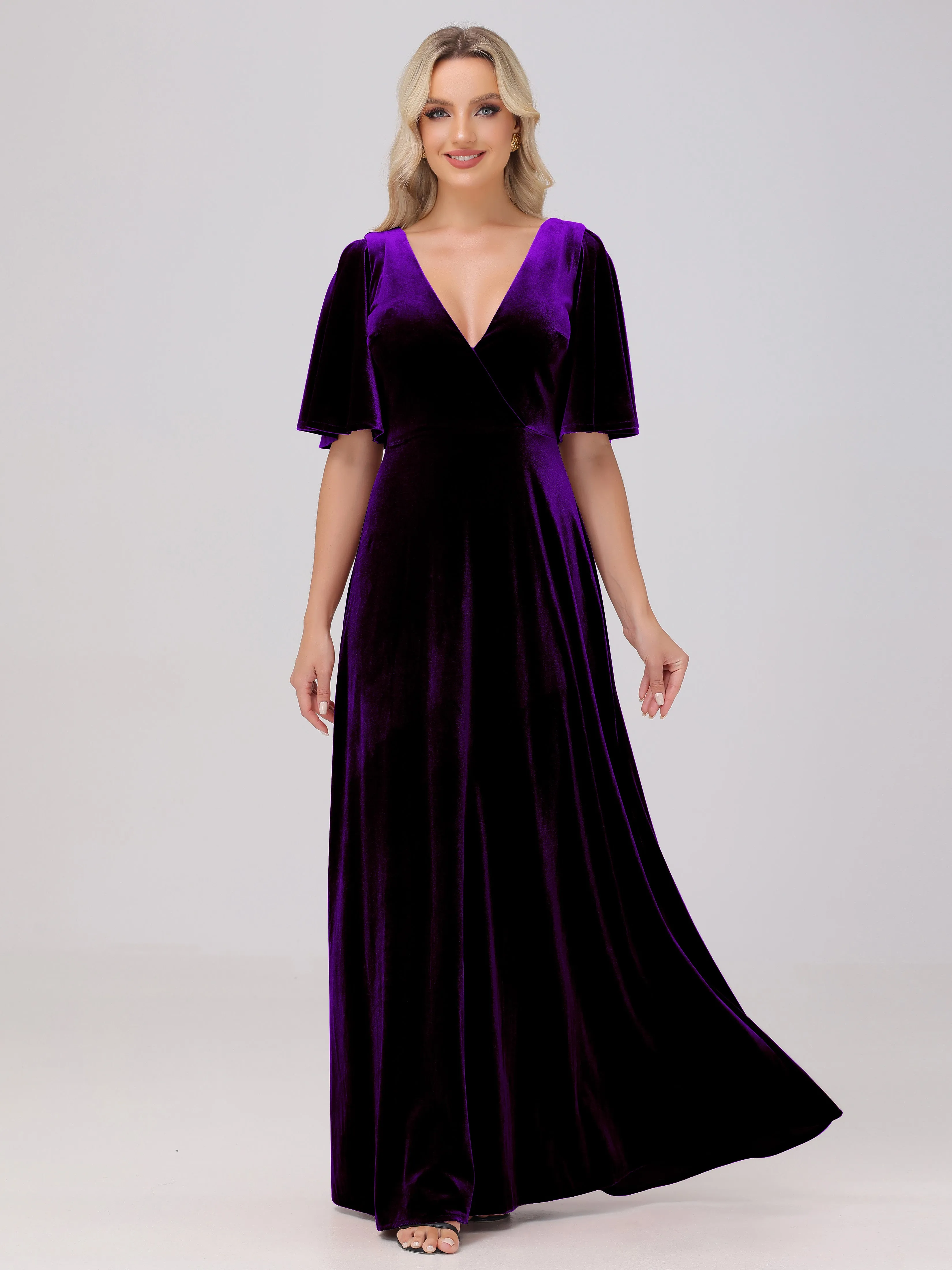 A-Line V-Neck Short Sleeves Velvet Bridesmaid Dresses