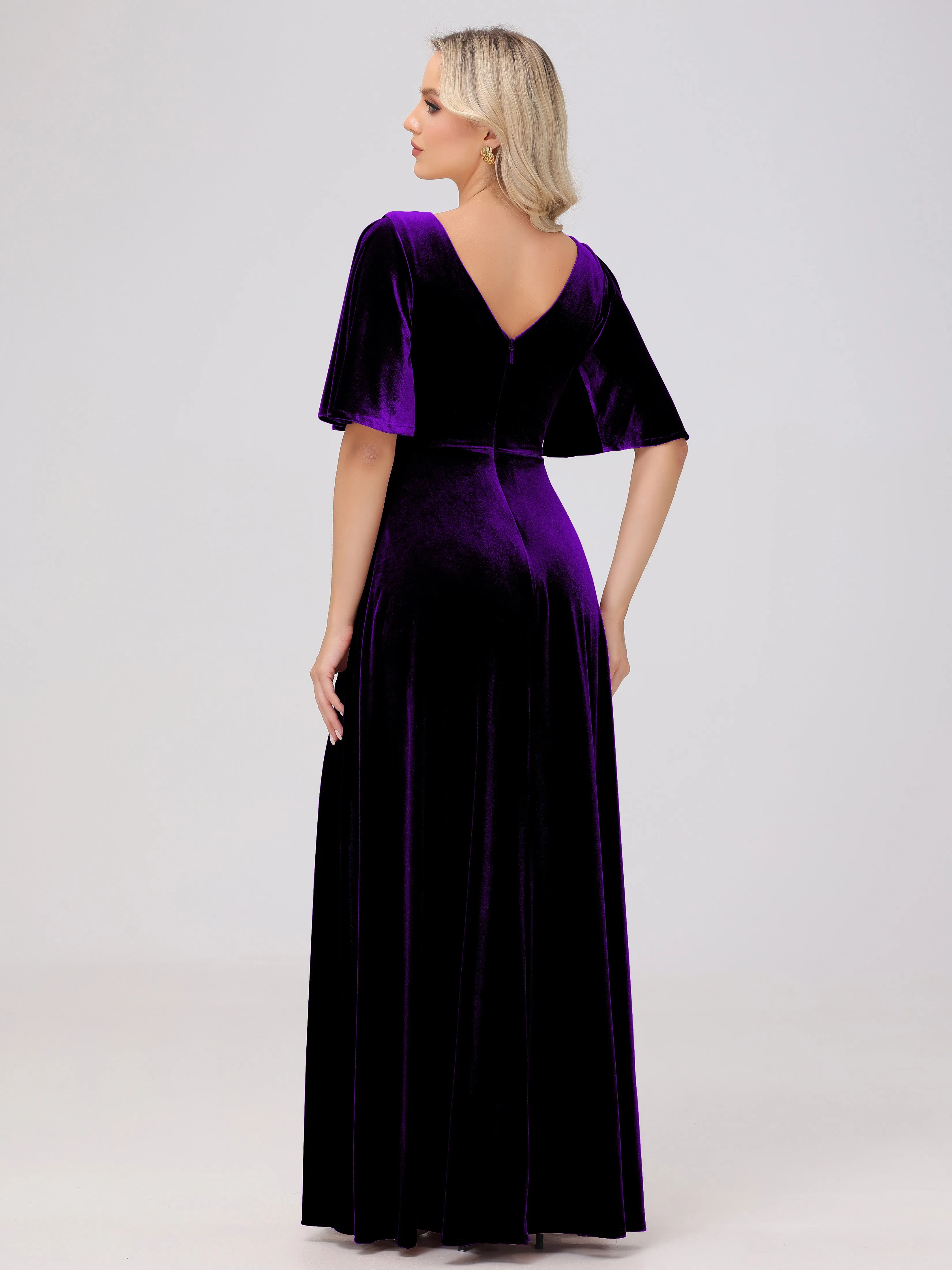 A-Line V-Neck Short Sleeves Velvet Bridesmaid Dresses