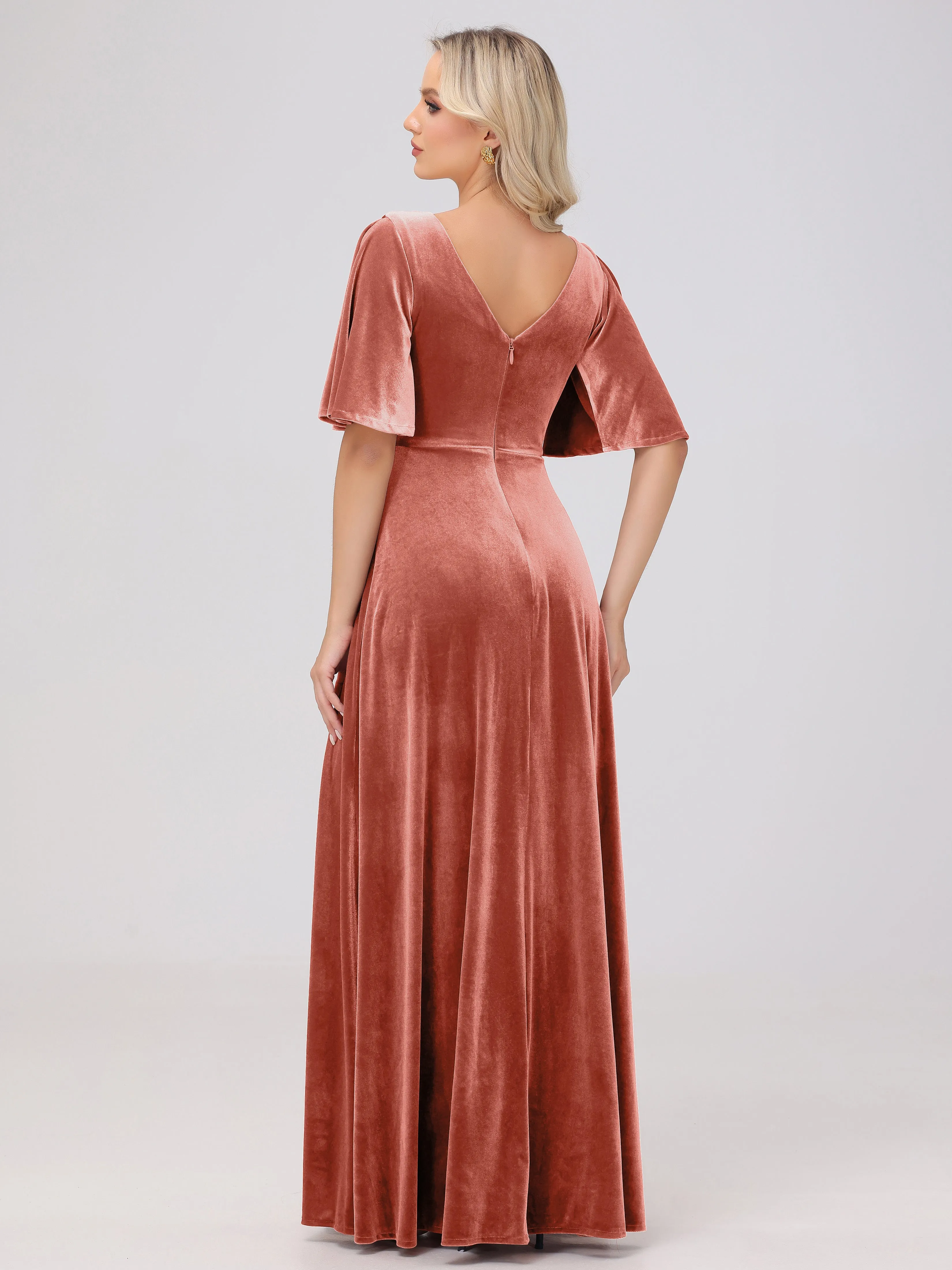 A-Line V-Neck Short Sleeves Velvet Bridesmaid Dresses