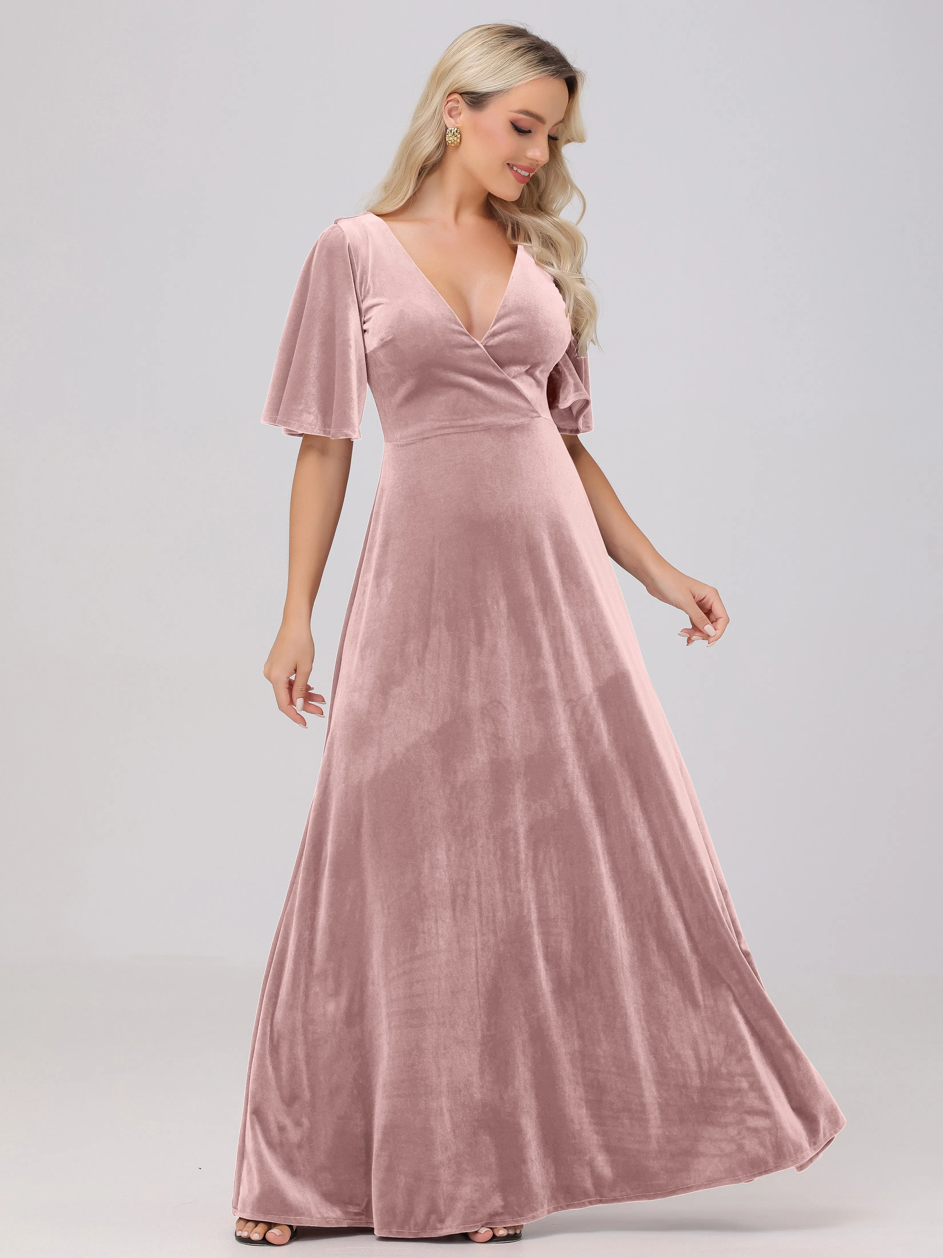 A-Line V-Neck Short Sleeves Velvet Bridesmaid Dresses