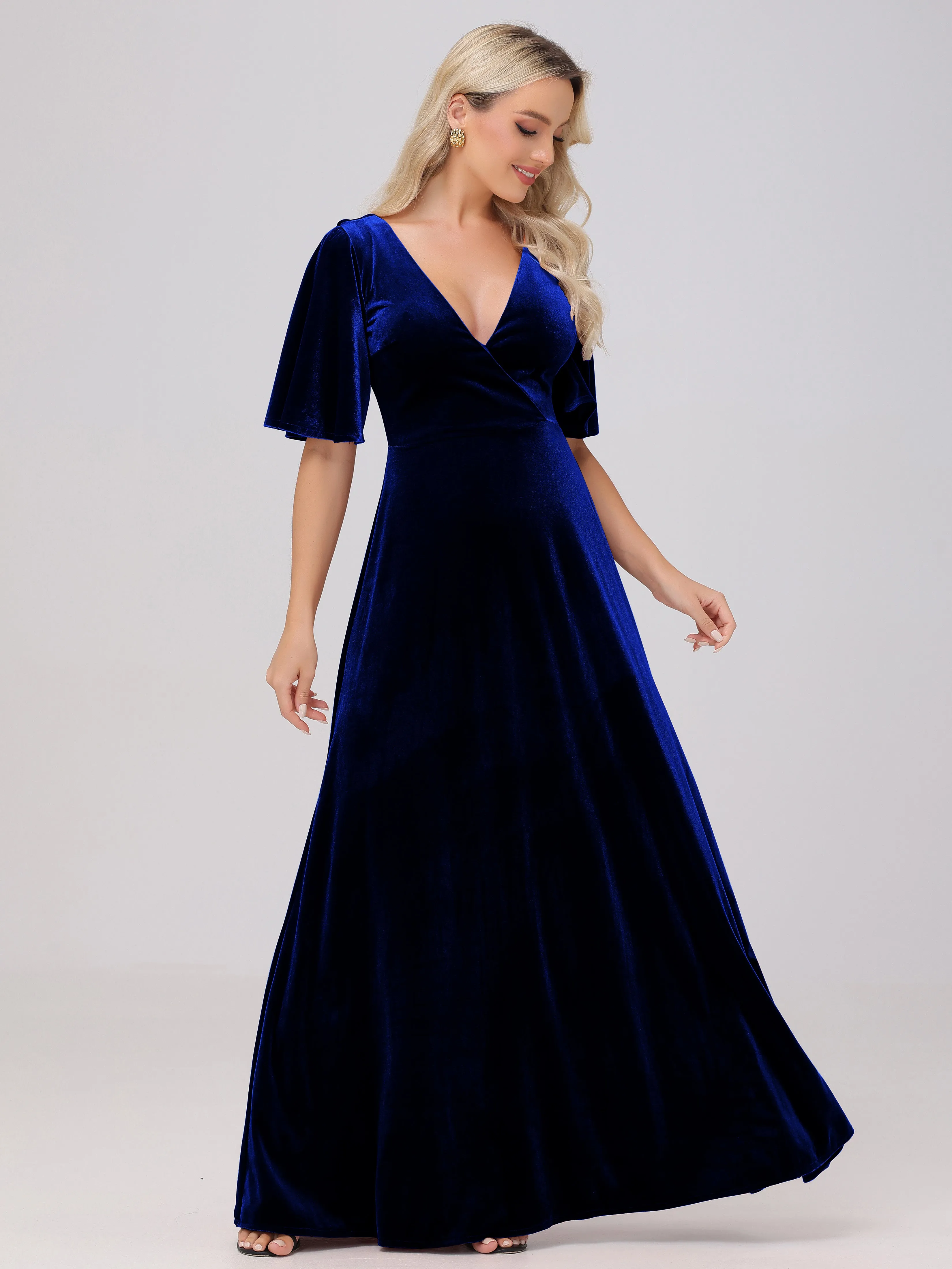 A-Line V-Neck Short Sleeves Velvet Bridesmaid Dresses