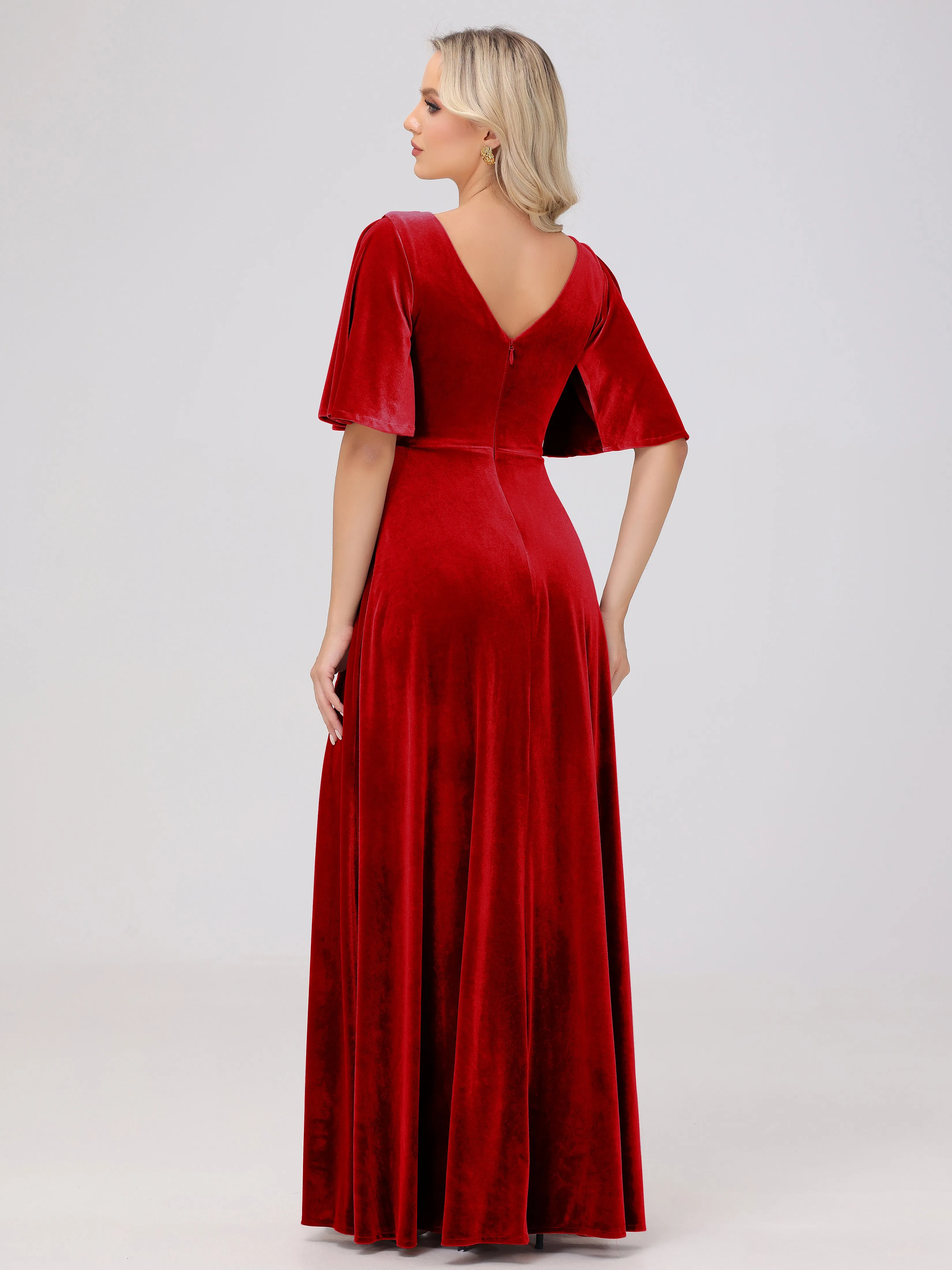 A-Line V-Neck Short Sleeves Velvet Bridesmaid Dresses
