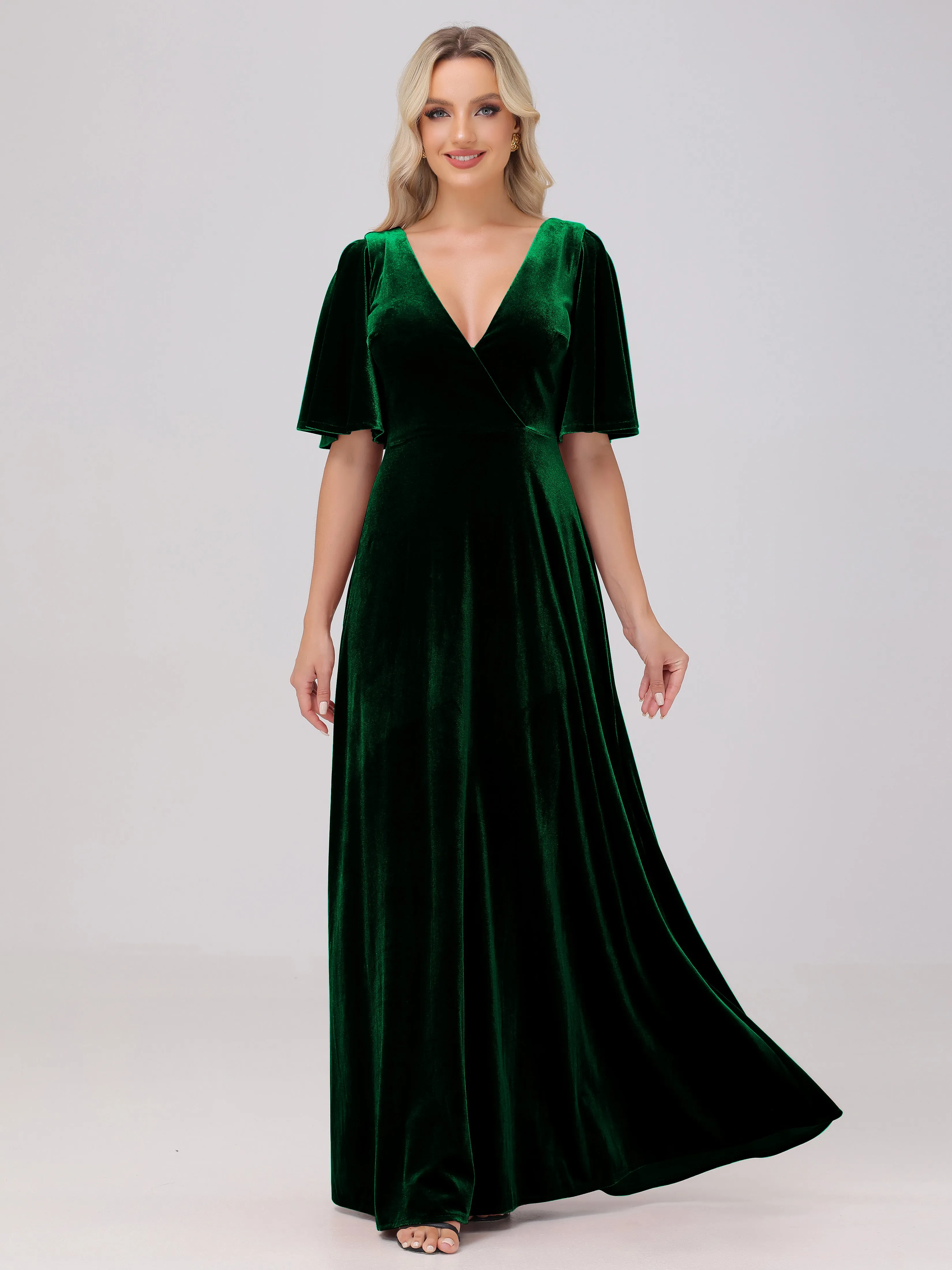A-Line V-Neck Short Sleeves Velvet Bridesmaid Dresses