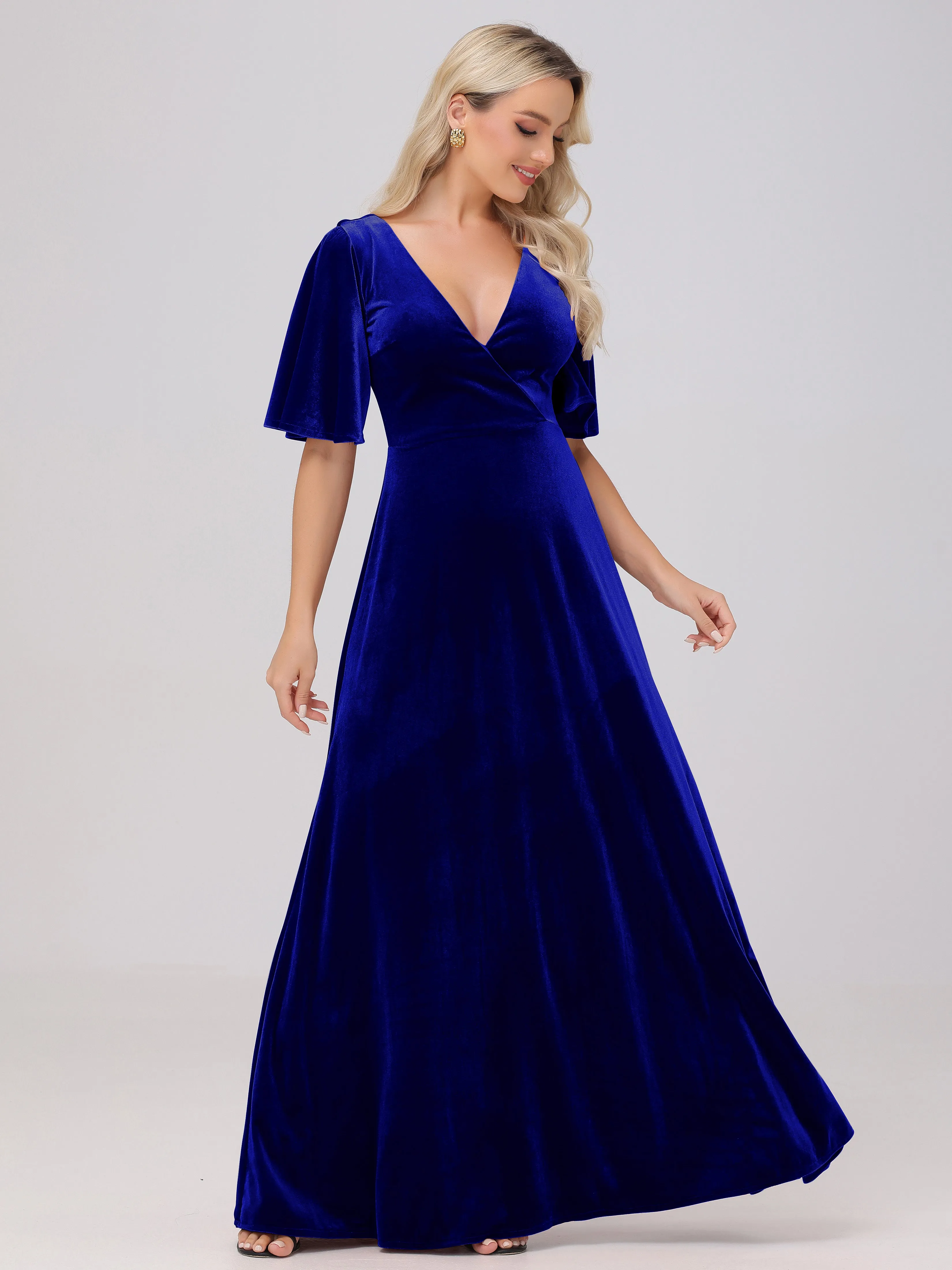 A-Line V-Neck Short Sleeves Velvet Bridesmaid Dresses