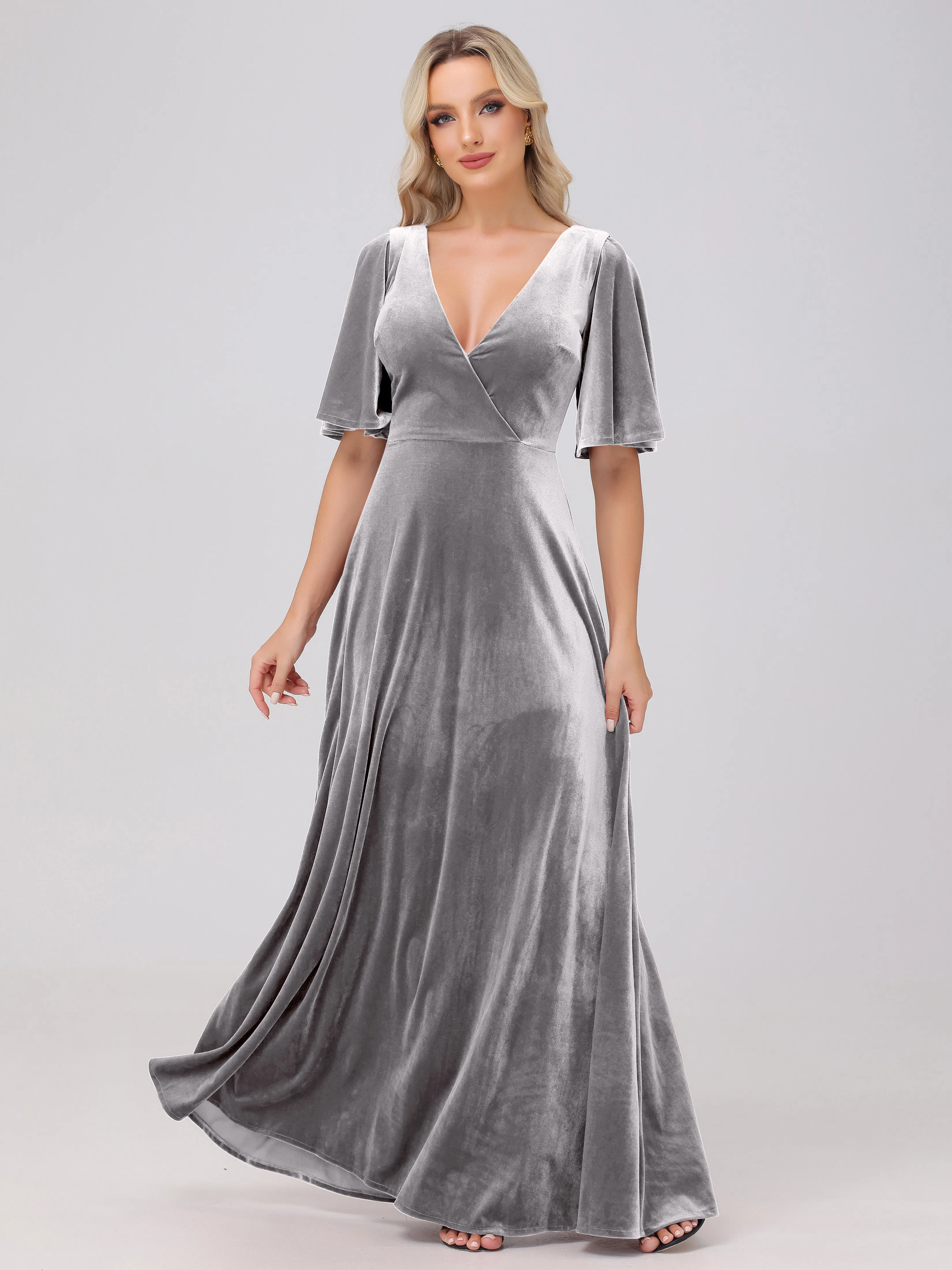 A-Line V-Neck Short Sleeves Velvet Bridesmaid Dresses