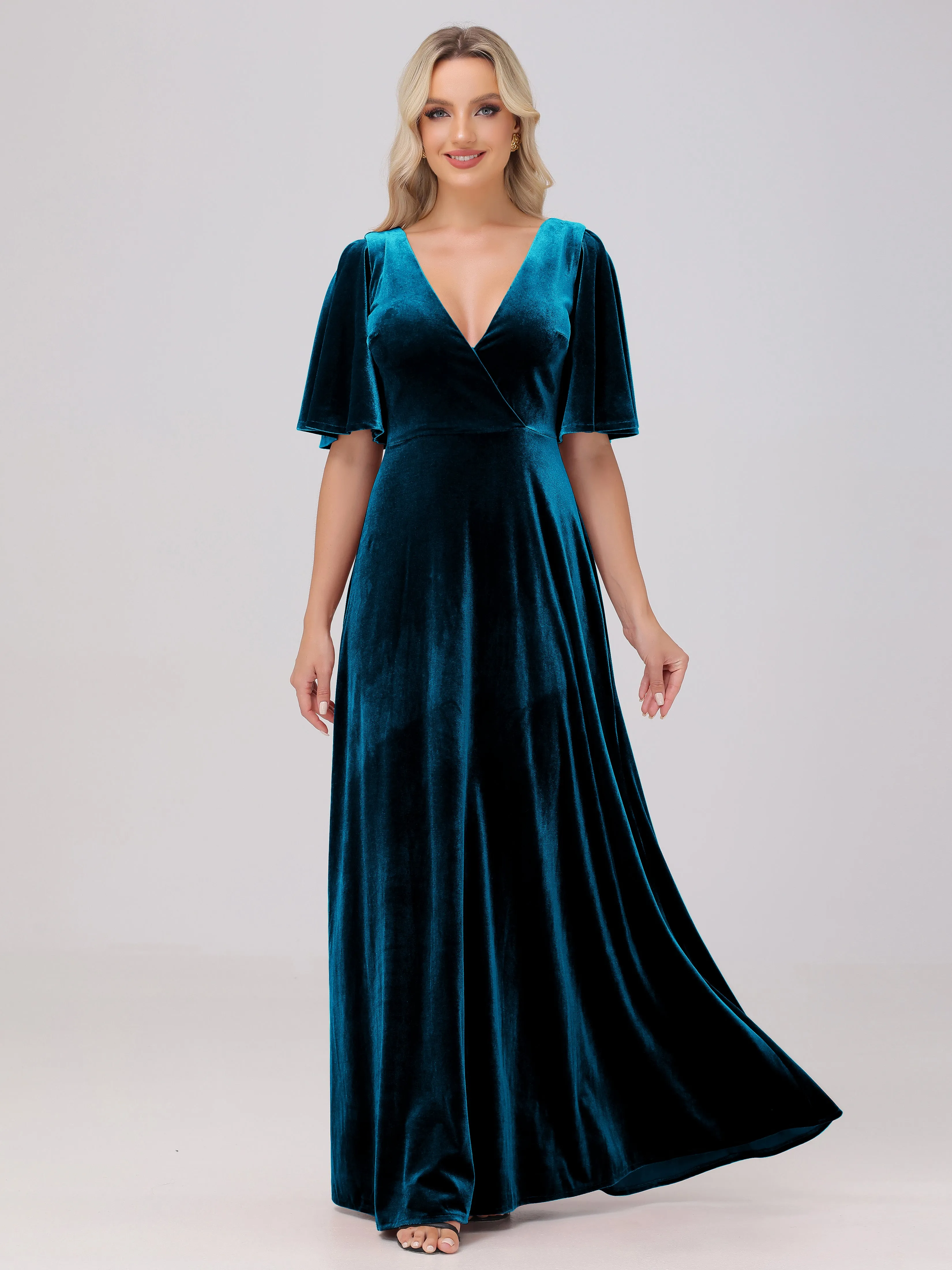 A-Line V-Neck Short Sleeves Velvet Bridesmaid Dresses