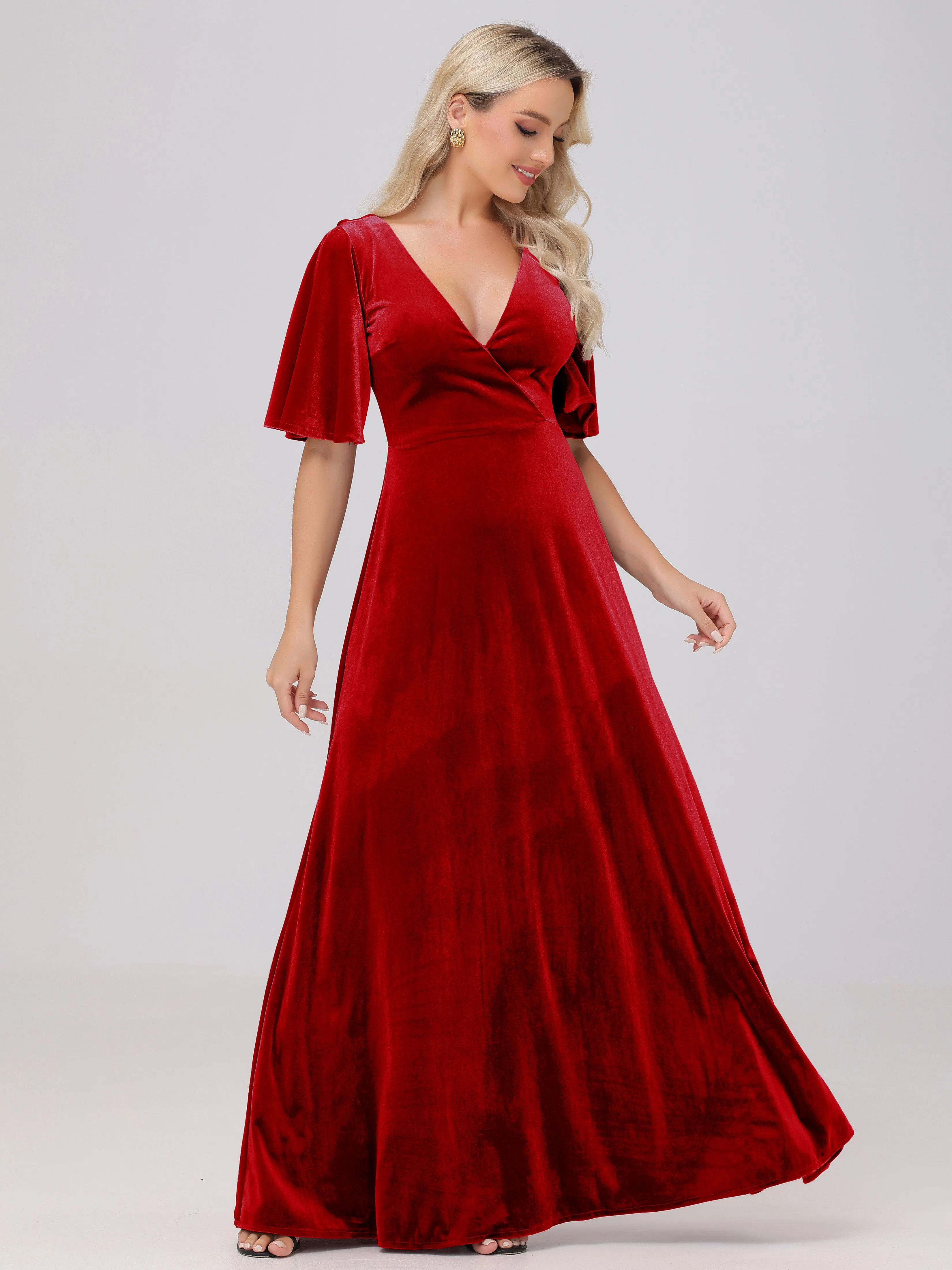 A-Line V-Neck Short Sleeves Velvet Bridesmaid Dresses