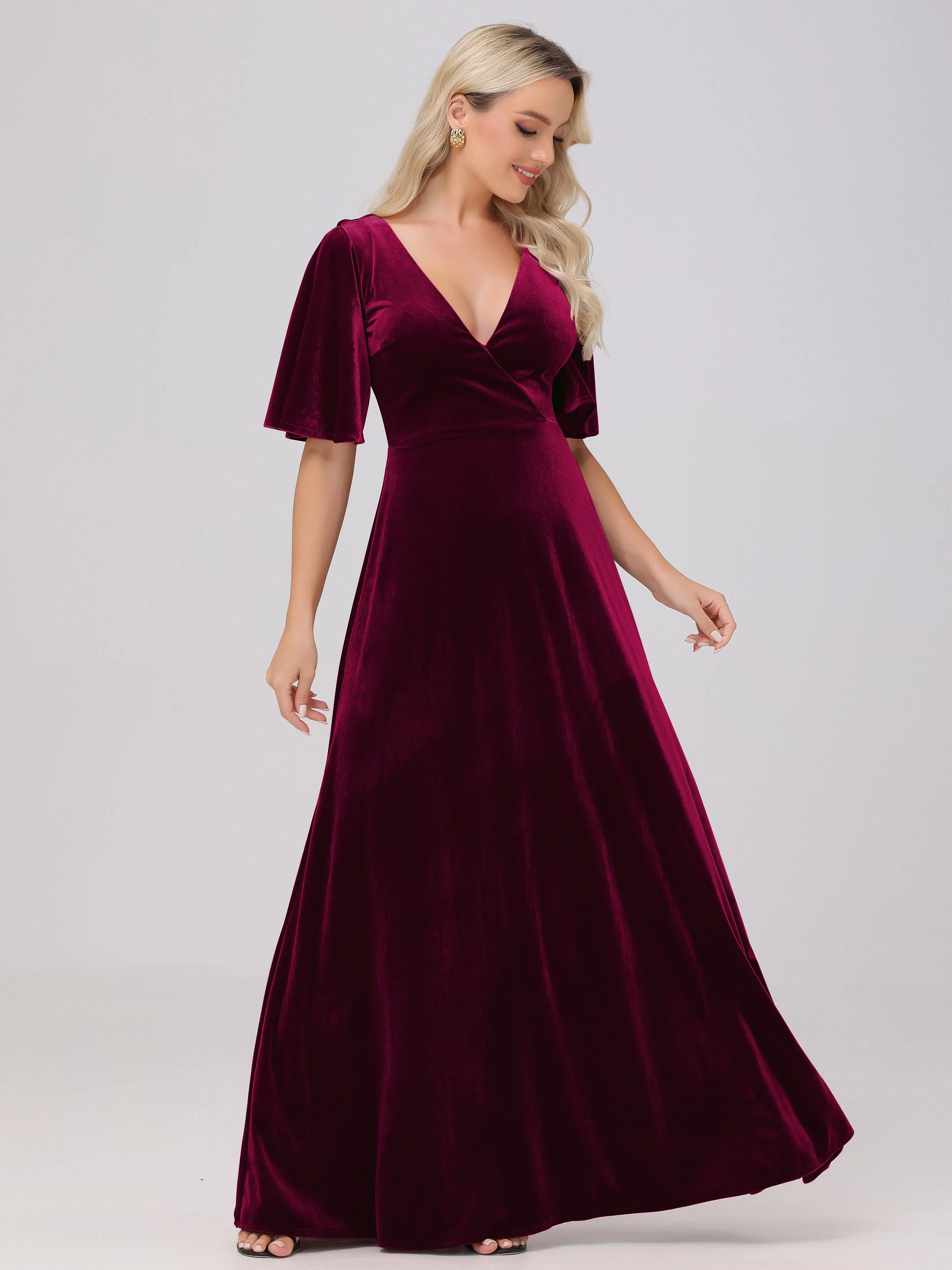 A-Line V-Neck Short Sleeves Velvet Bridesmaid Dresses