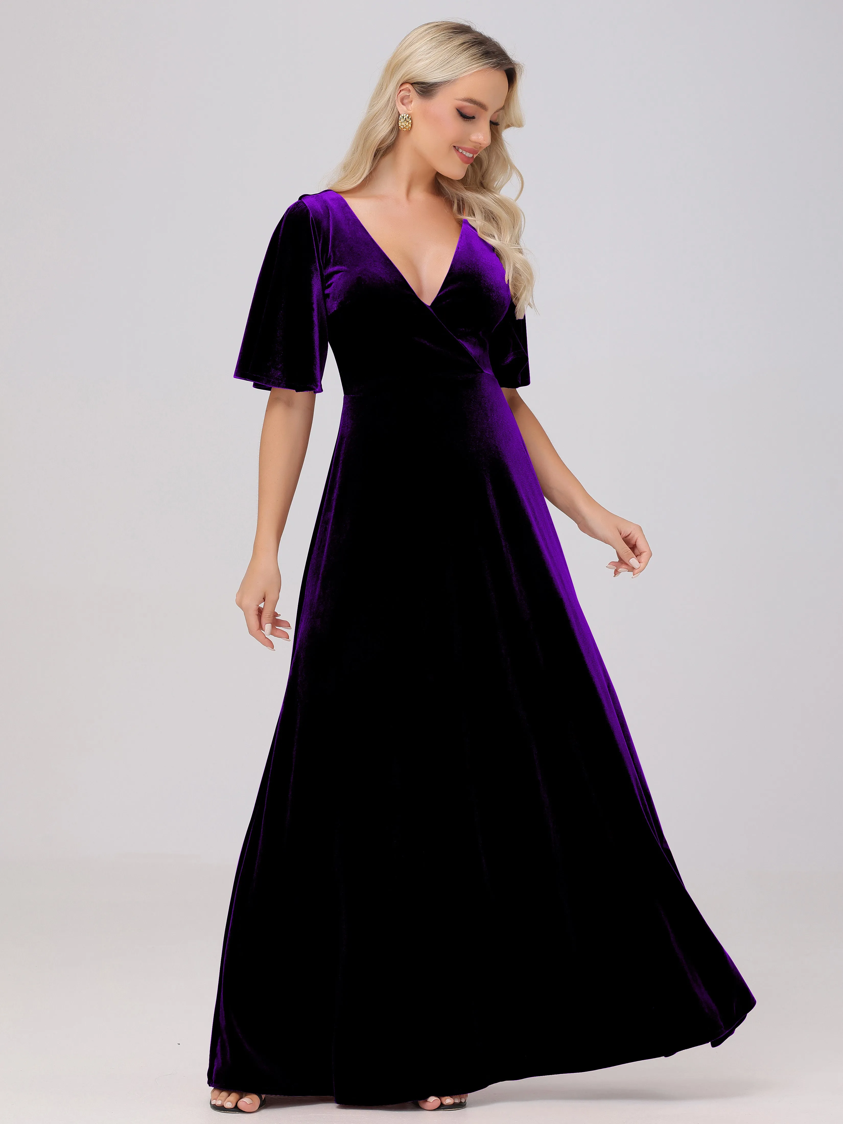 A-Line V-Neck Short Sleeves Velvet Bridesmaid Dresses