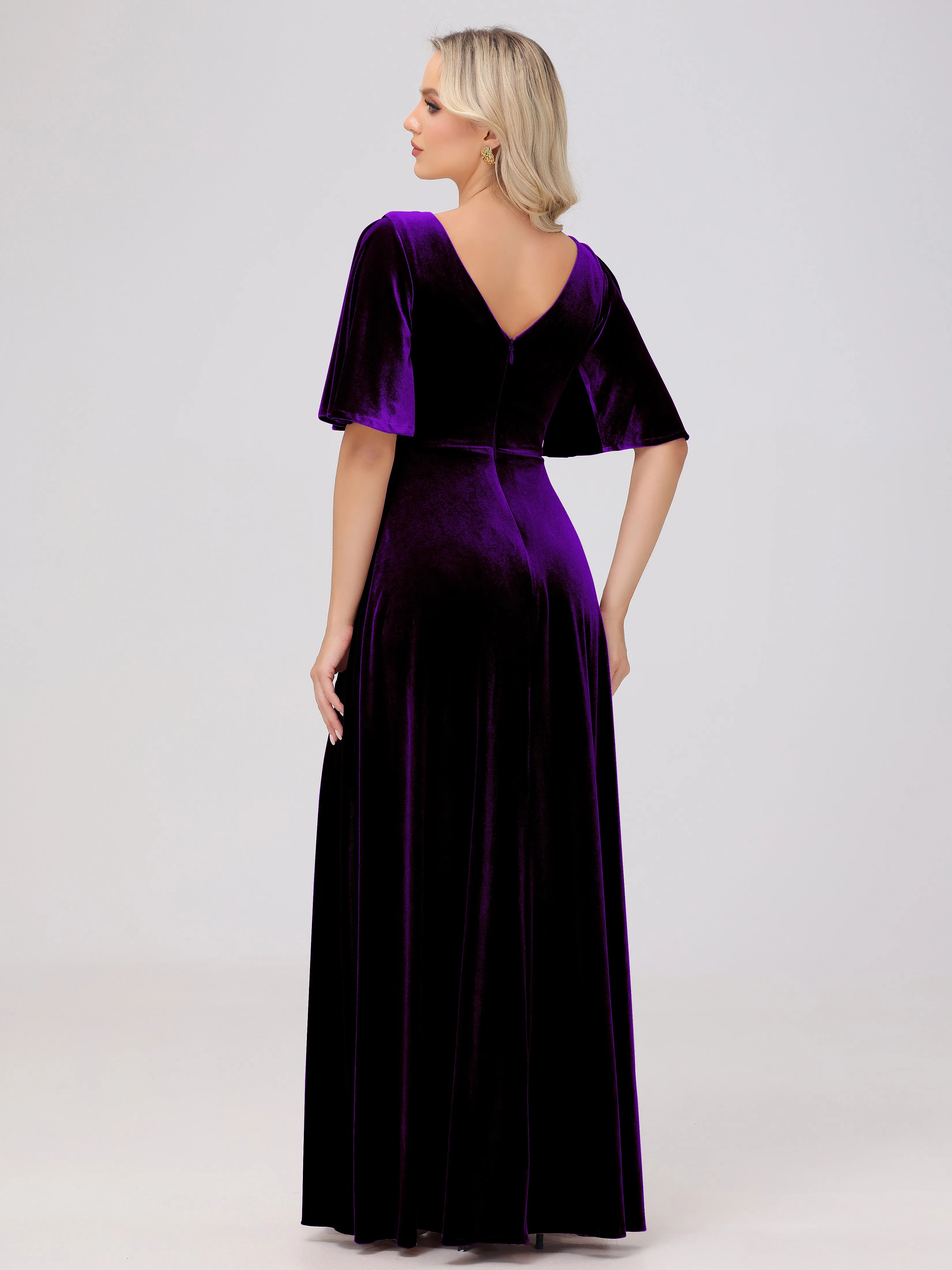 A-Line V-Neck Short Sleeves Velvet Bridesmaid Dresses
