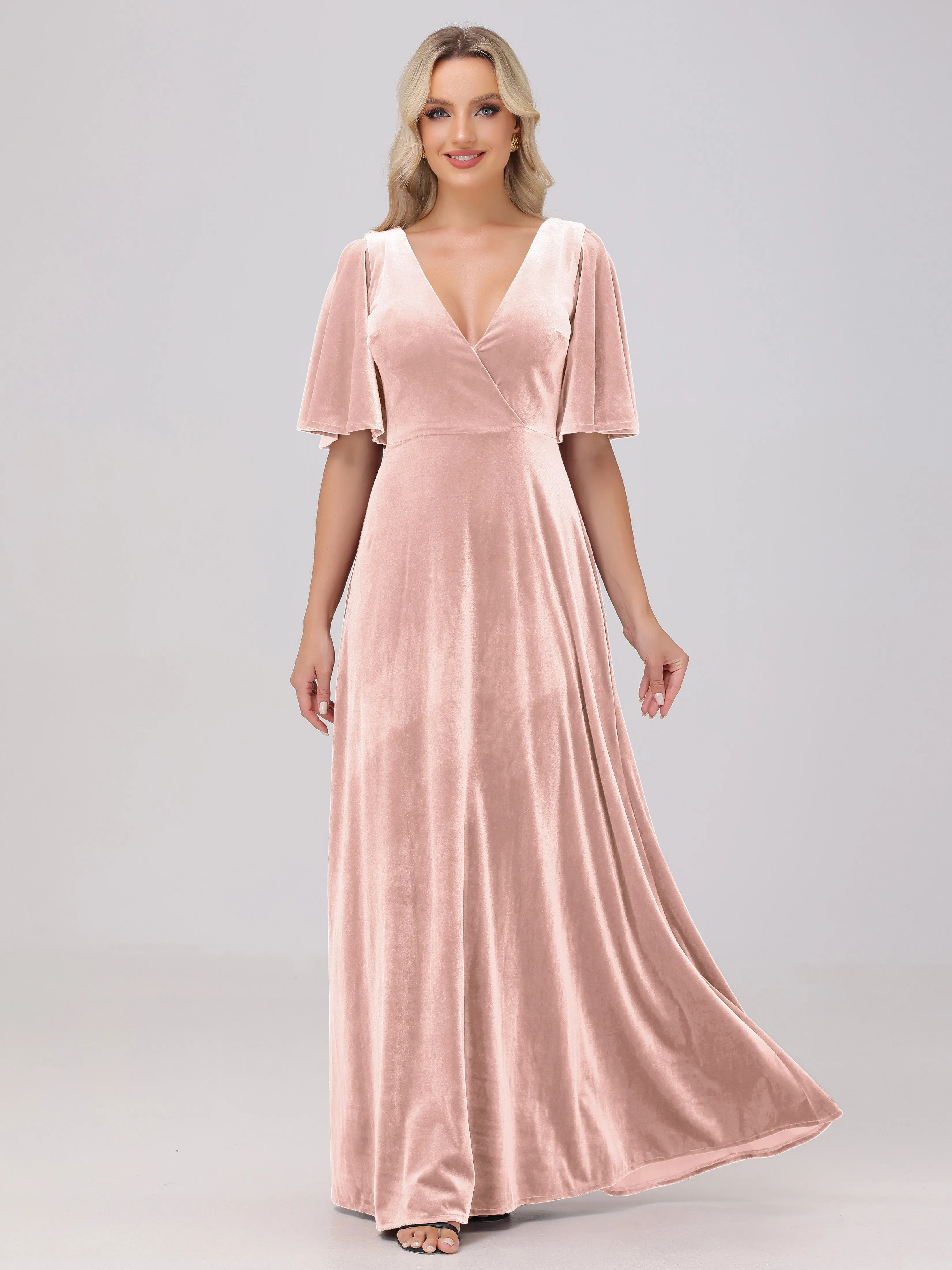 A-Line V-Neck Short Sleeves Velvet Bridesmaid Dresses