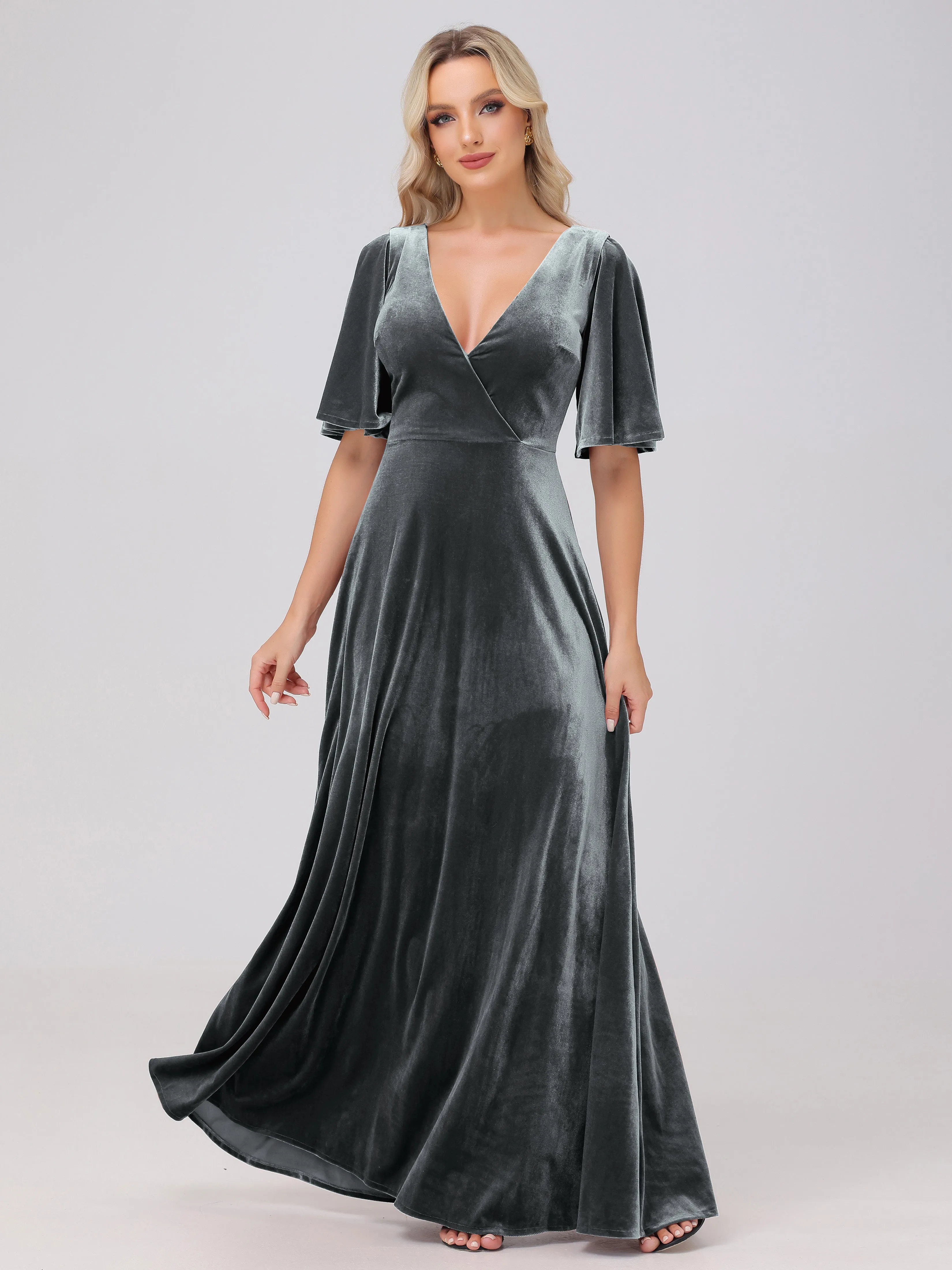 A-Line V-Neck Short Sleeves Velvet Bridesmaid Dresses
