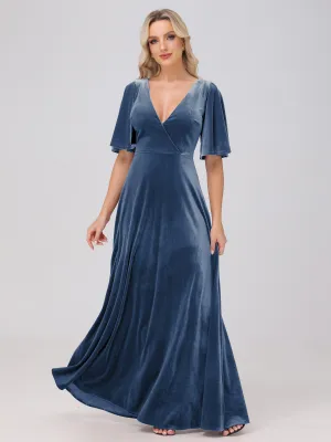 A-Line V-Neck Short Sleeves Velvet Bridesmaid Dresses