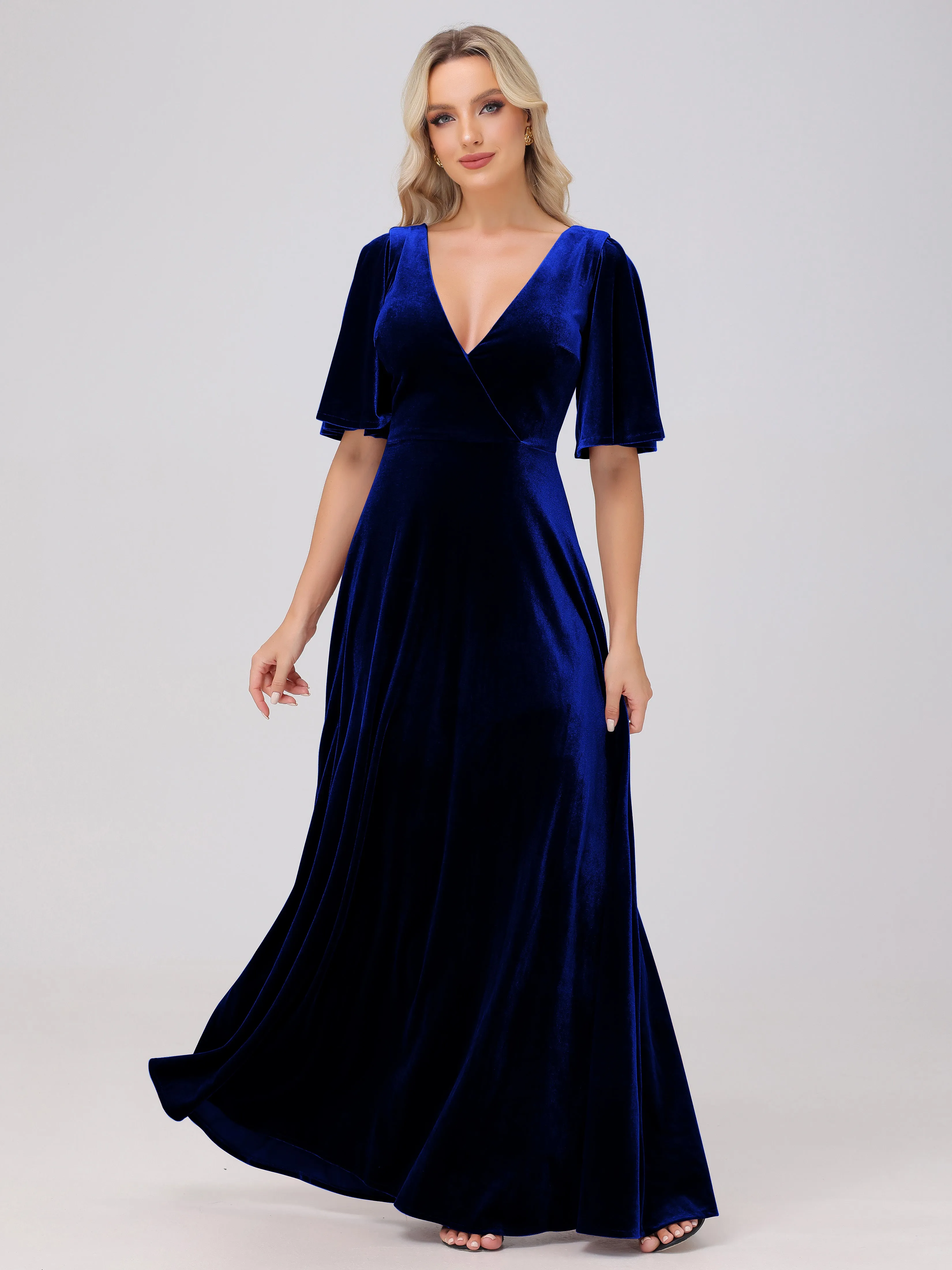 A-Line V-Neck Short Sleeves Velvet Bridesmaid Dresses