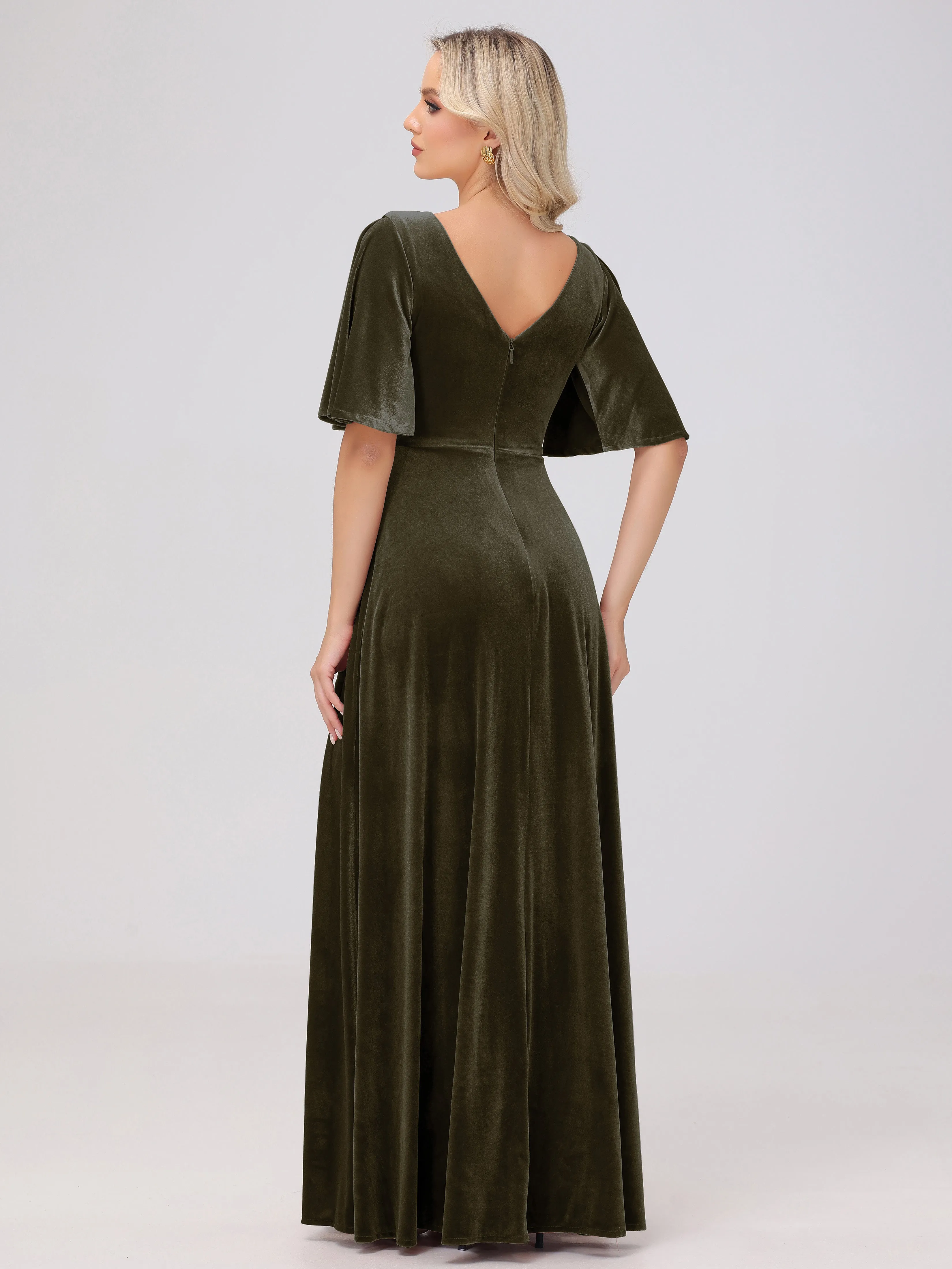 A-Line V-Neck Short Sleeves Velvet Bridesmaid Dresses
